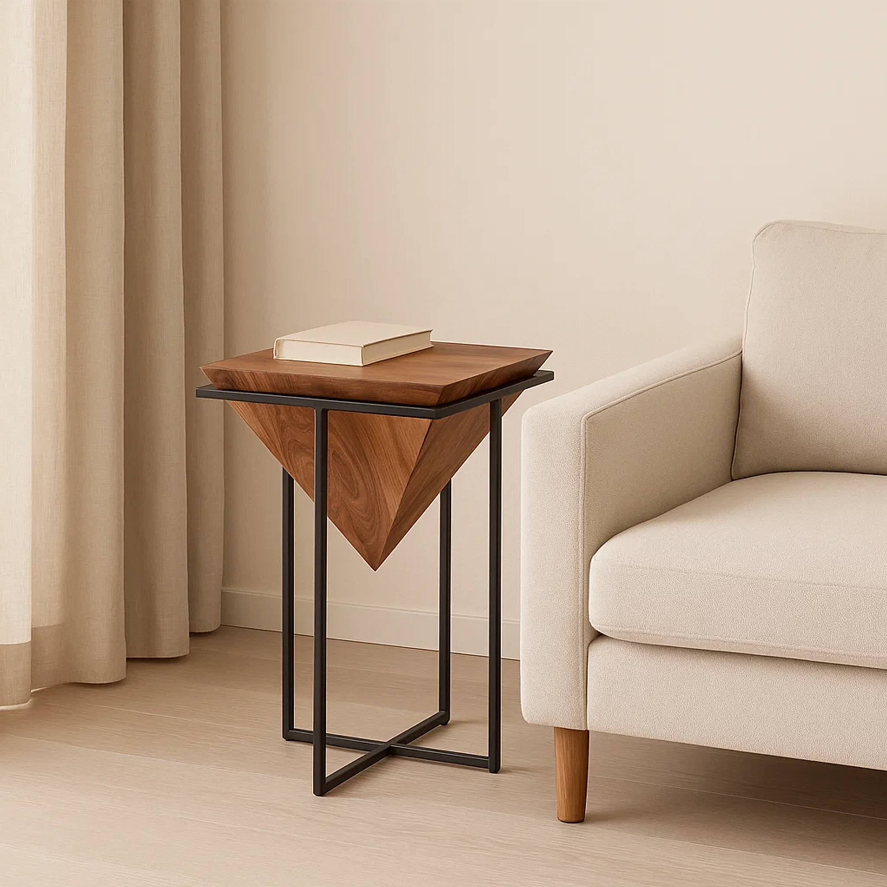 Alt View 6. Manhattan Lane - 26 Inch Pyramid Shape Acacia Wood Side Table With Cross Iron Base - Brown and Black.
