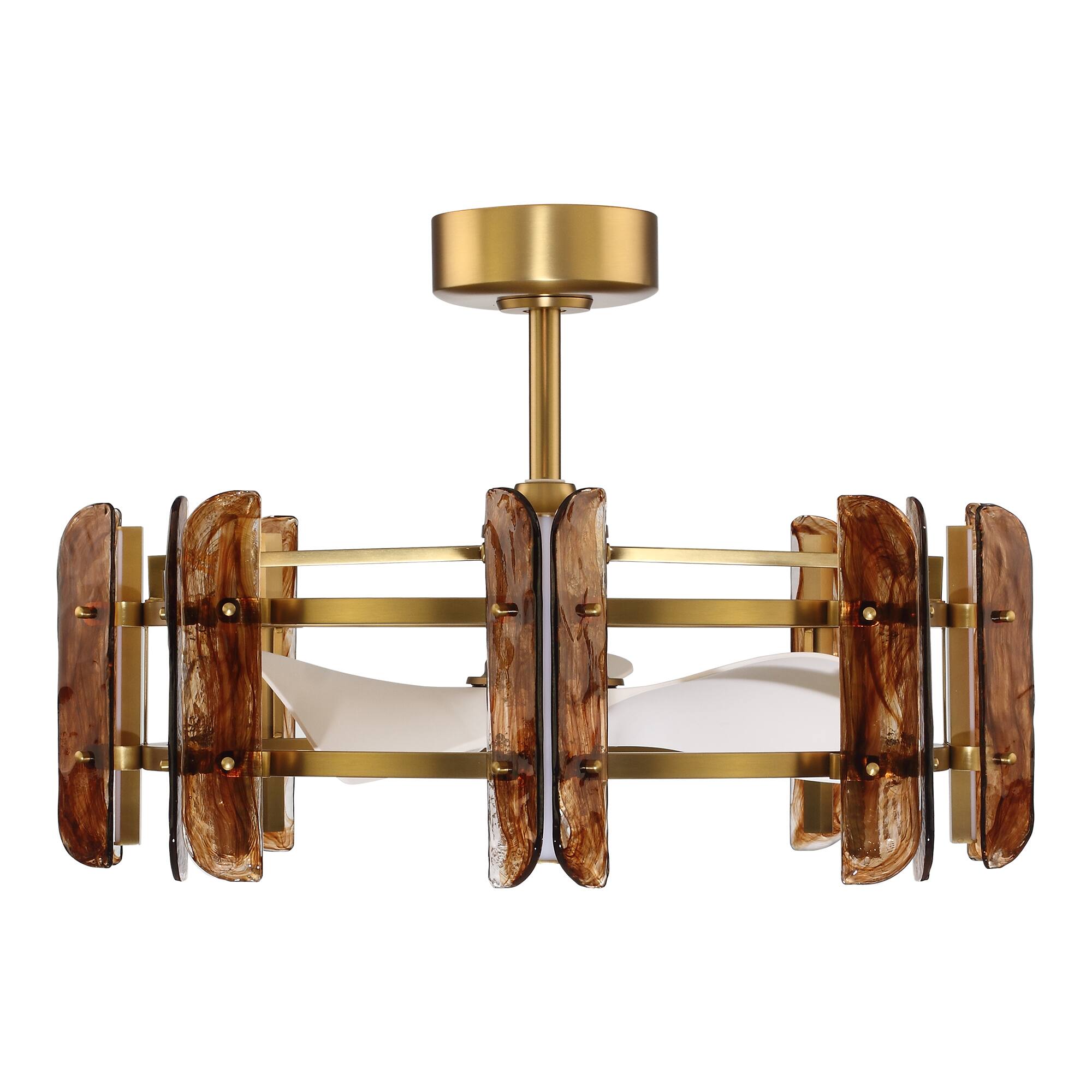 Alt View 5. Perimost - 32" Modern Amber Art Glass Gold Ceiling Fan Chandelier with Light and Remote, DC Reversible Motor - Gold.