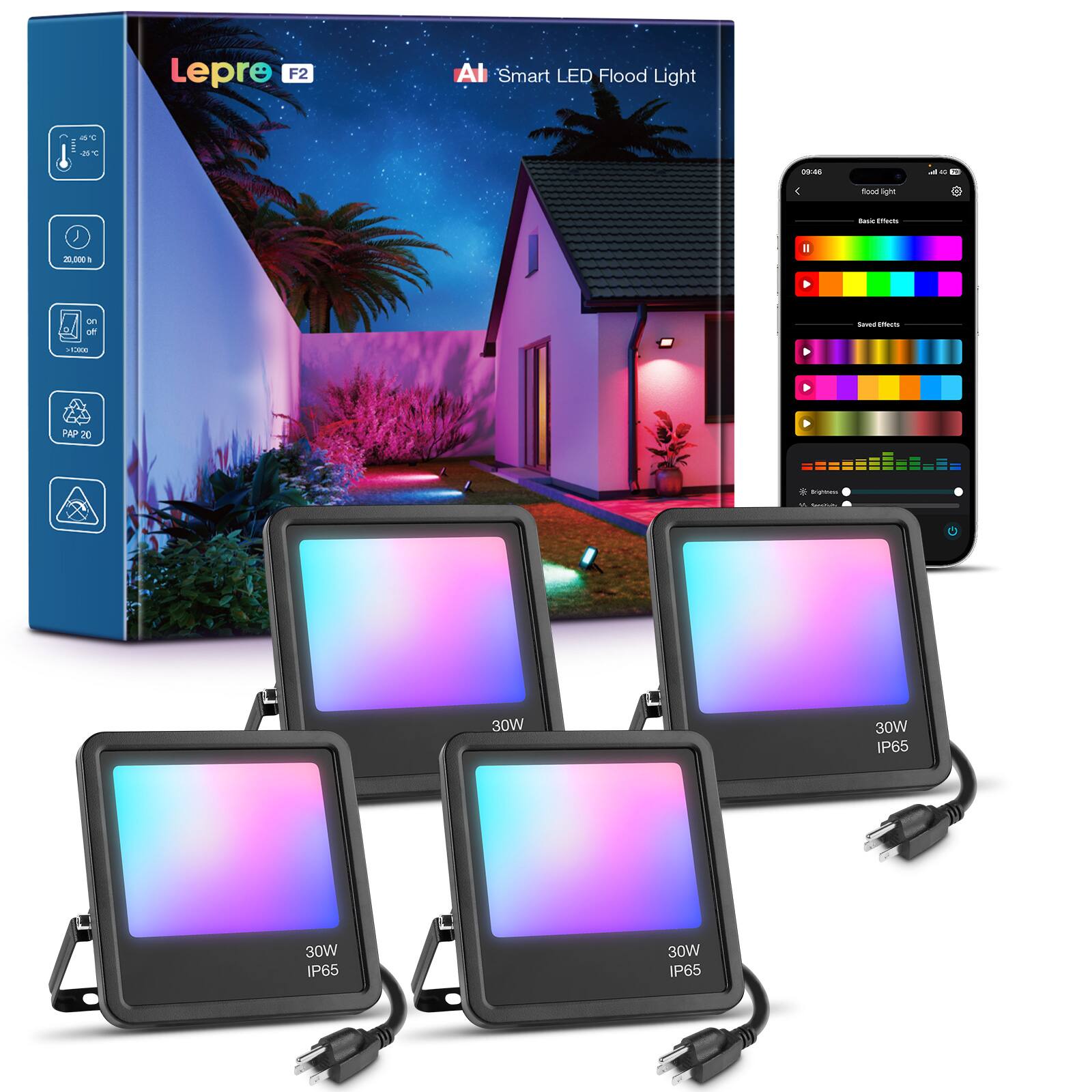 Lepre F2  
AI Smart LED Flood Light

7%  
09:46  
4  
food light  
Basic Effects  
20,000k  
on  
Saved Effects  
>12800  
PAP 20  
Bightress  
Sweether  
30W  
30W IP65  
30W IP65  
30W IP65