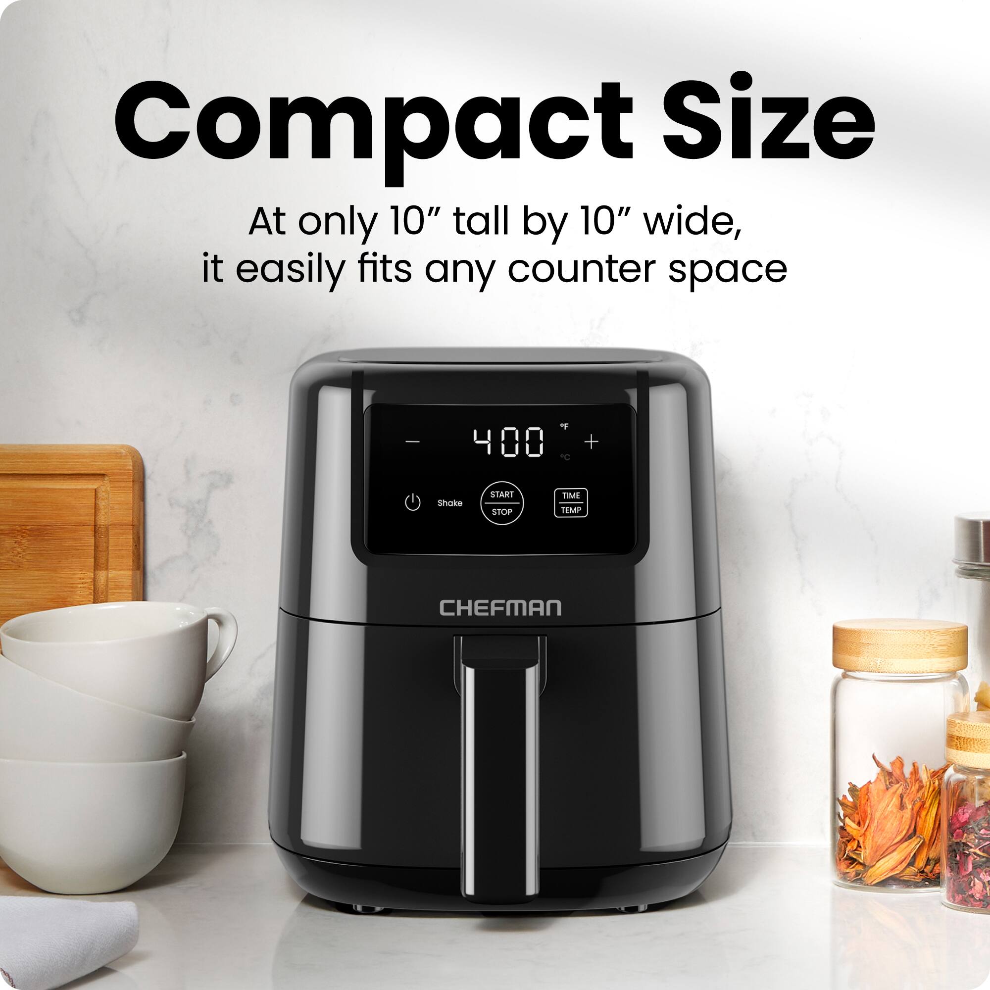 Compact Size  
At only 10" tall by 10" wide, it easily fits any counter space