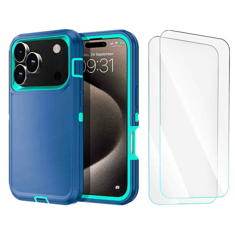 Entronix - Heavy Duty Case Bundle for iPhone 17 Pro Max with 2 Clear Screen Protectors - Turquoise