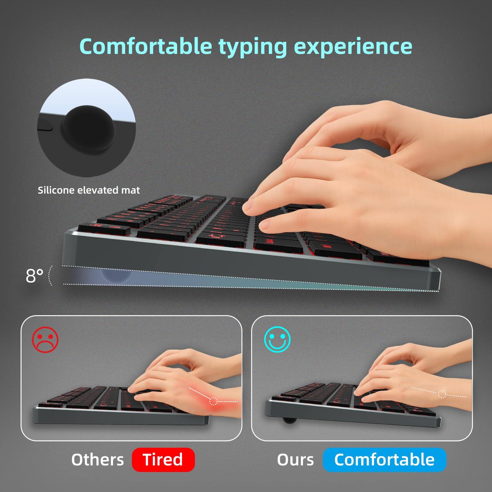 Comfortable typing experience

Silicone elevated mat

8°

Others Tired

Ours Comfortable