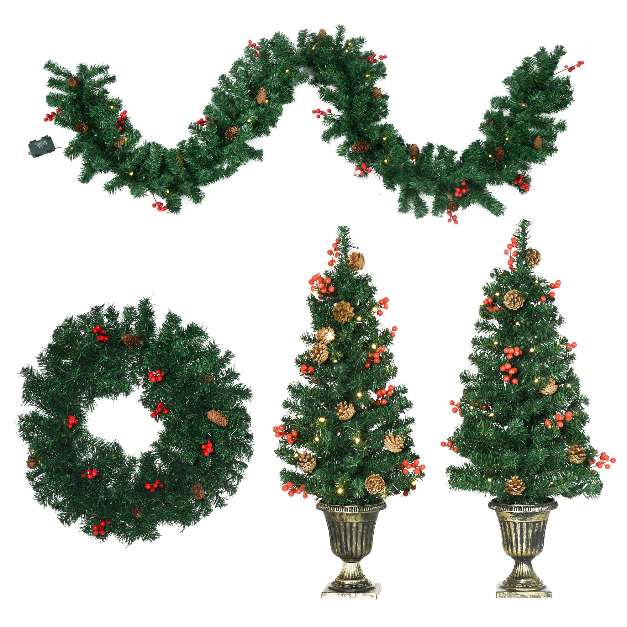 Angle. Lirago - 4 Piece Pre lit Artificial Christmas Tree Set Garland Wreath 2 Entrance Trees LED Lights - Green.