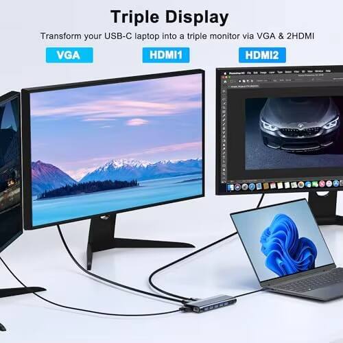 Triple Display  
Transform your USB-C laptop into a triple monitor via VGA & 2 HDMI  

VGA  
HDMI1  
HDMI2
