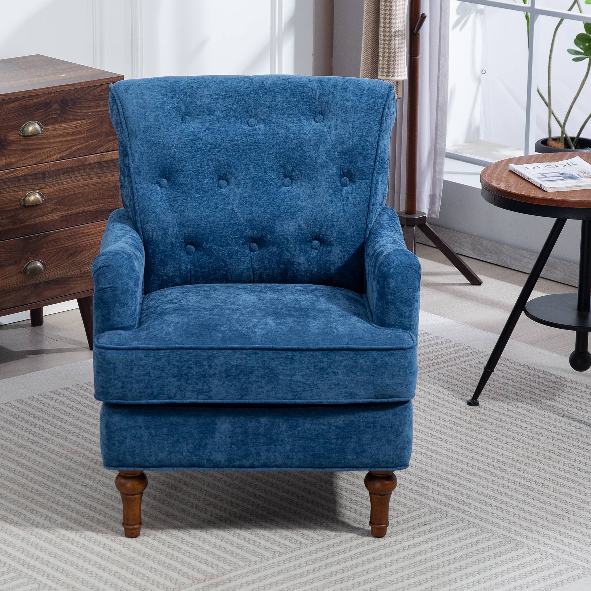 Left. APRILSOUL - Accent Chair Comfy Chenille Club Fabric Upholstered Living Room Arm Chair 300lbs Capacity - Blue.