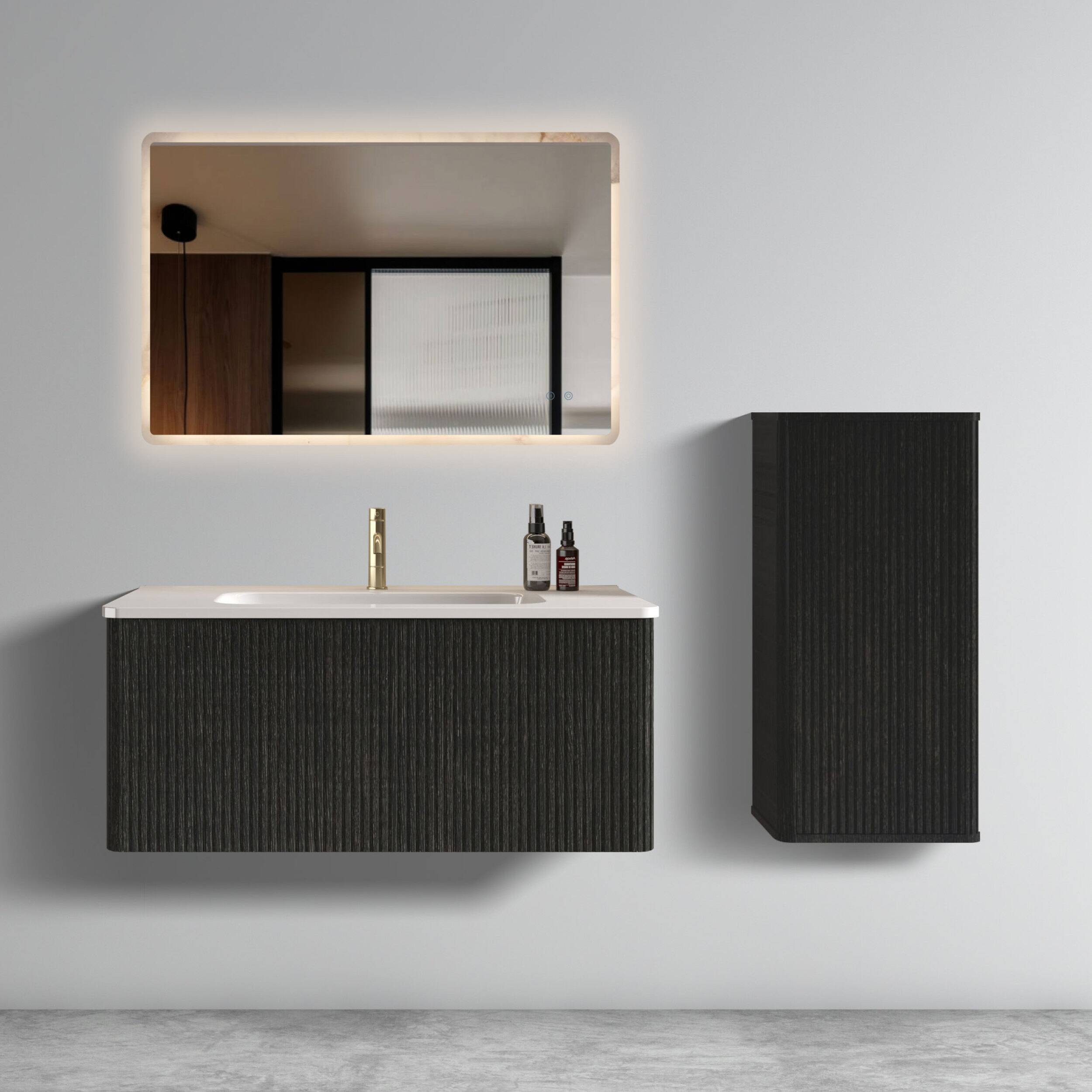 Left. ELEMENT ACE - Modern Floating Bathroom Vanity with Integrated Ceramic Sink and Spacious Storage - Black.