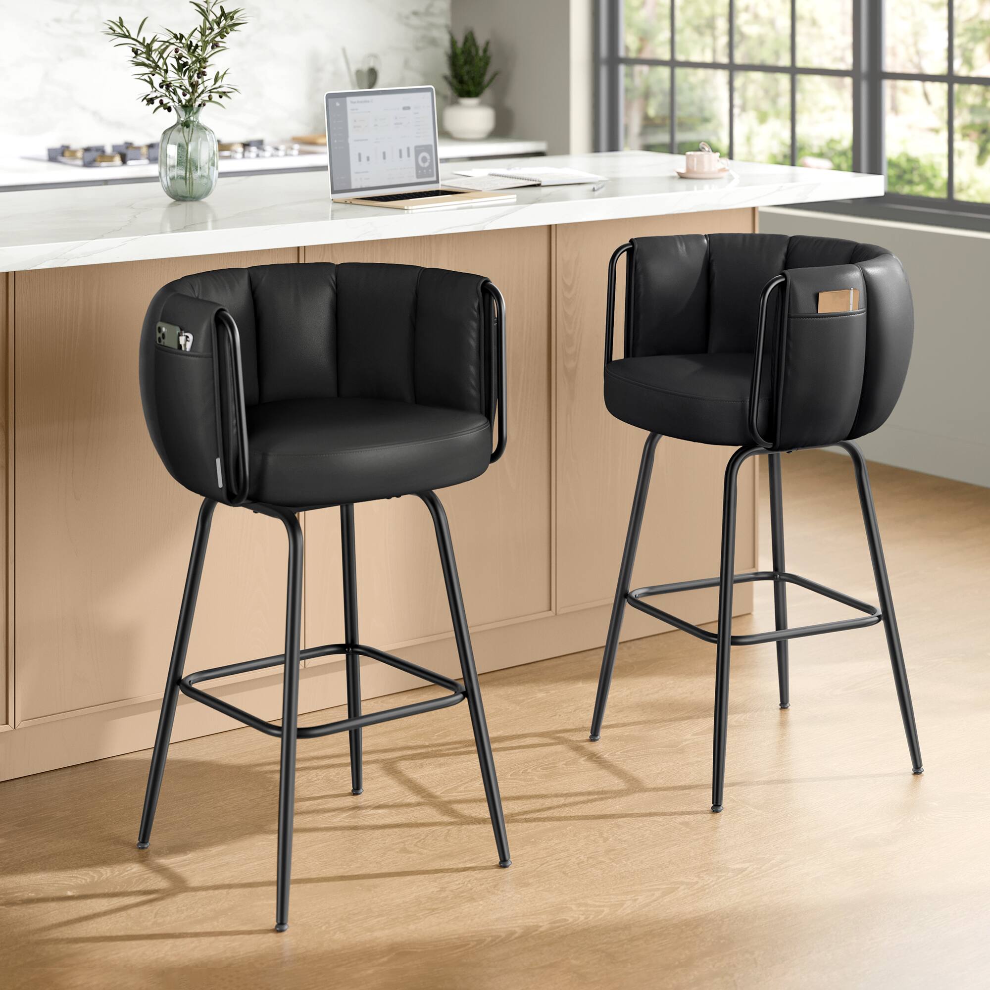 Alt View 3. Songmics Home - 360° Swivel Bar Stools Set of 2, Barstools with Curved Back, Upholstered Counter Bar Stools with Footrest - Ink Black.