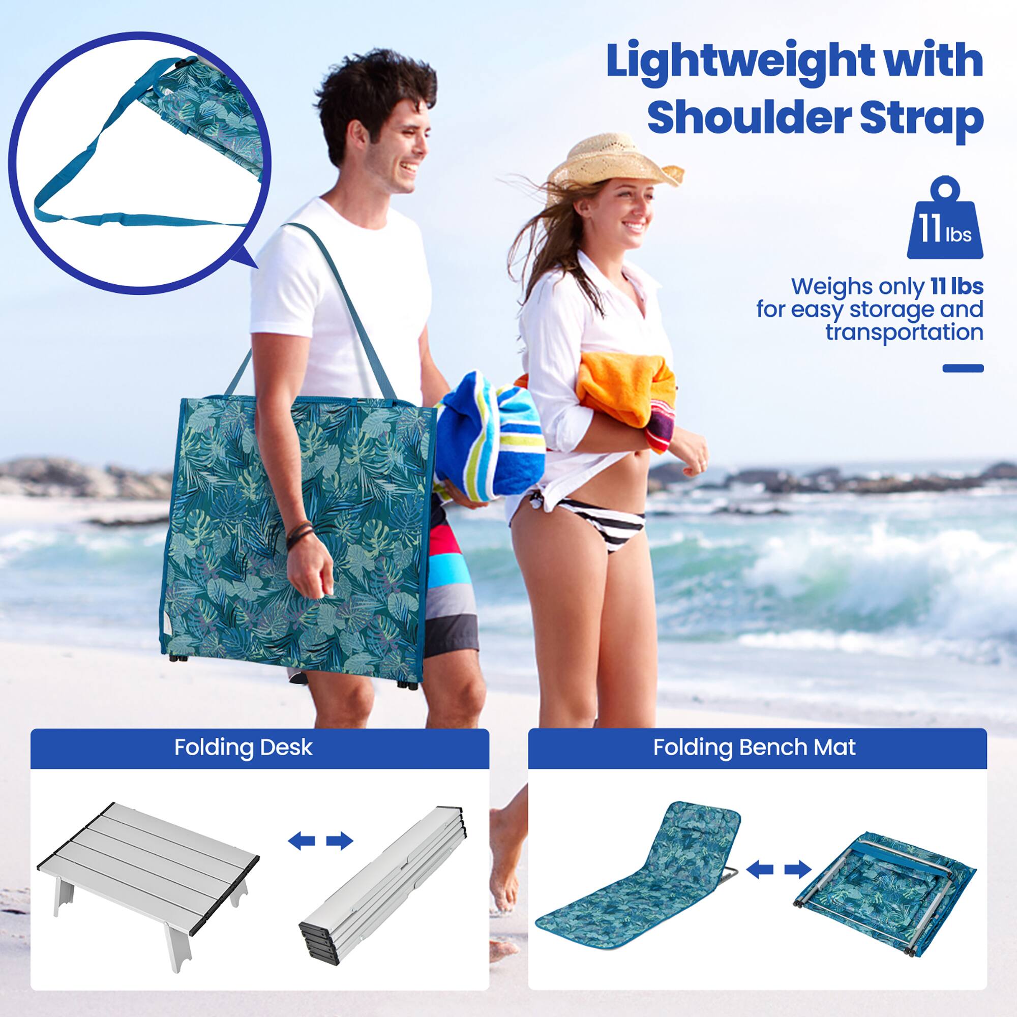 Lightweight with Shoulder Strap  
Weighs only 11 lbs for easy storage and transportation  

Folding Desk  
Folding Bench Mat
