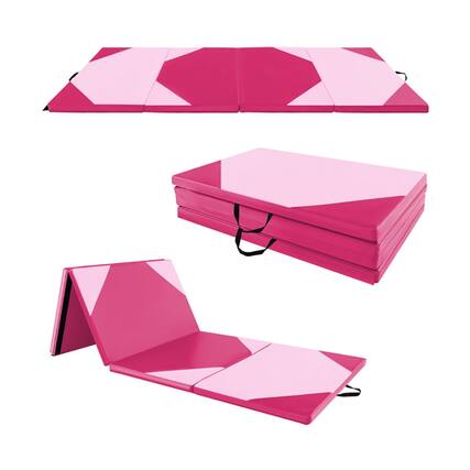 Front. Pefilos - 10' x 4' x 2" Folding Exercise Mat with Hook and Loop Fasteners-Hot Pink, Folding Thick Exercise with Carrying Handles - Pink.