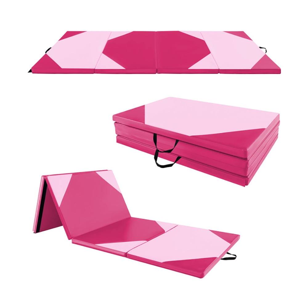 Front. Pefilos - 10' x 4' x 2" Folding Exercise Mat with Hook and Loop Fasteners-Hot Pink, Folding Thick Exercise with Carrying Handles - Pink.