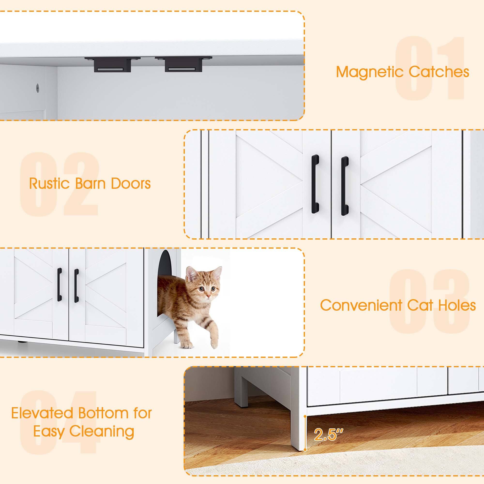 1. Magnetic Catches
2. Rustic Barn Doors
3. Convenient Cat Holes
4. Elevated Bottom for Easy Cleaning
   - 2.5"