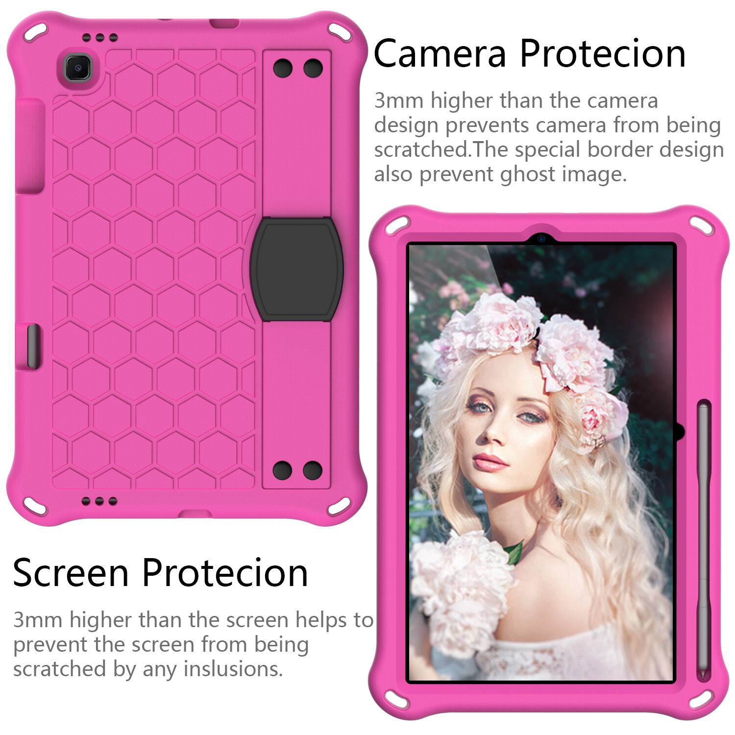 Camera Protecion  
3mm higher than the camera design prevents camera from being scratched. The special border design also prevent ghost image.

Screen Protecion  
3mm higher than the screen helps to prevent the screen from being scratched by any inslusions.