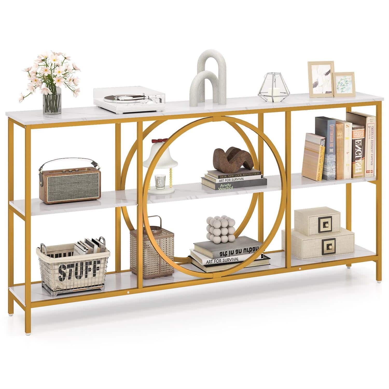 Pefilos - 36-Inch 2-Layer Console Table, Wooden Open Shelves, Metal Frame with Anti-Tip Kits - White