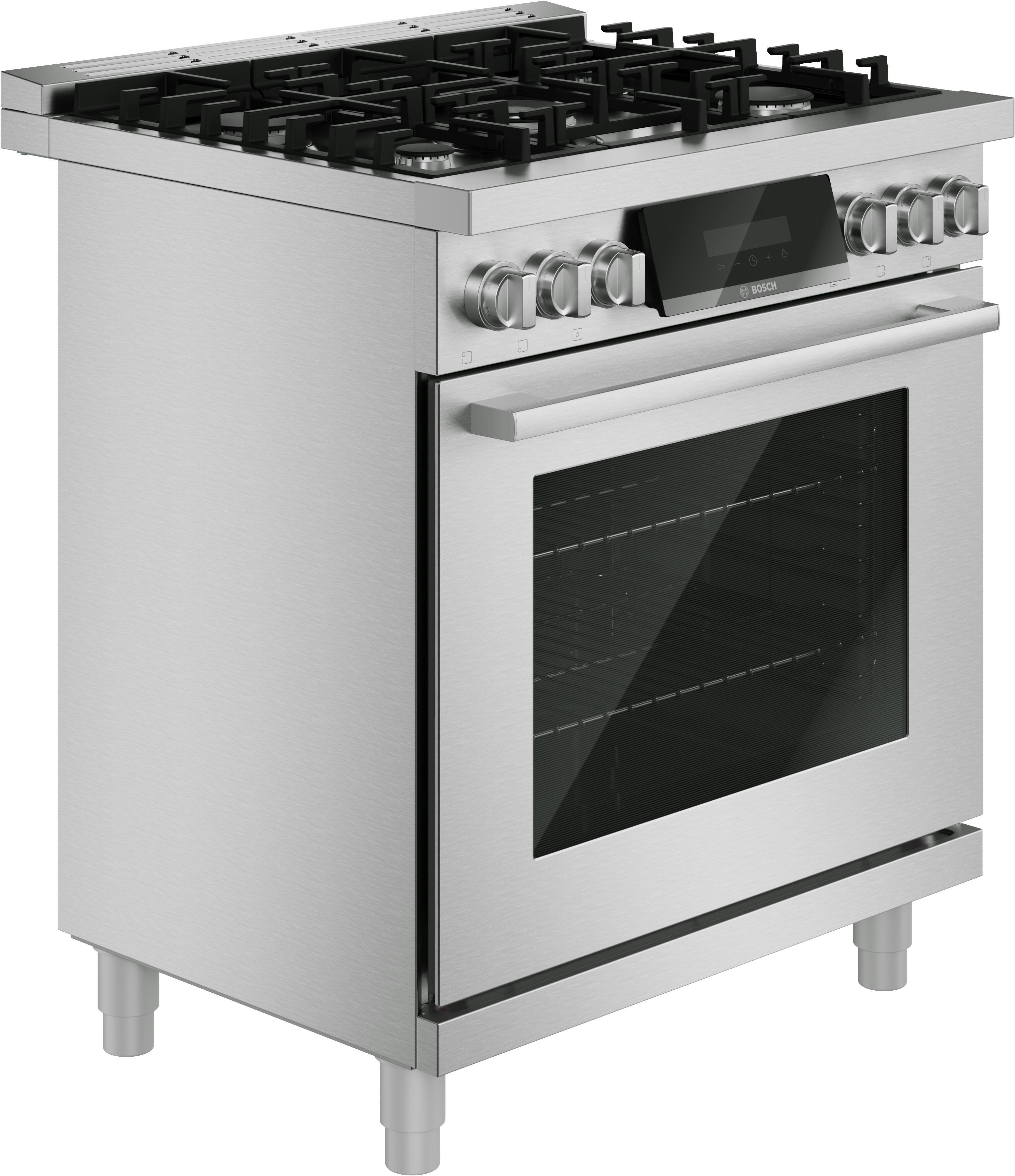 Angle. Bosch - 800 Series 30 in. Wide 2.8 Cu. Ft. Industrial Style Dual Fuel True Convection Range with 5 Burners - Stainless Steel.