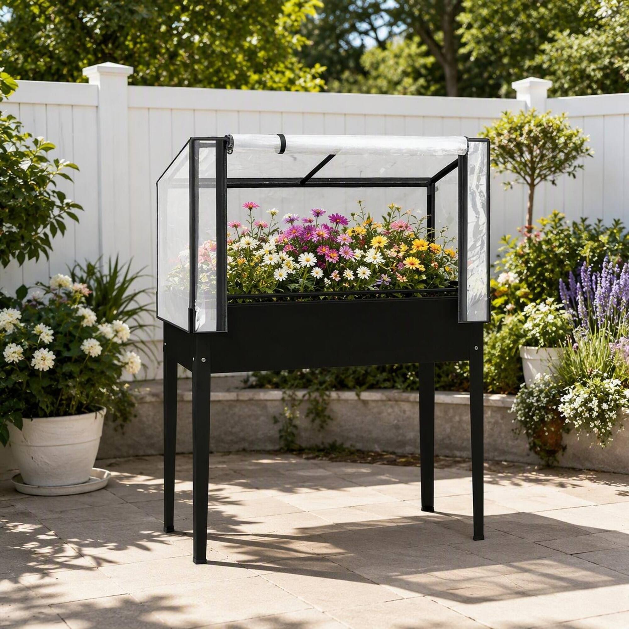 Back. RYHNUYNE - Raised Garden Bed with Mini Greenhouse Cover, 26 Gallon Elevated Planter Box on Legs for Patio and Backyard, 39.4 - Black.