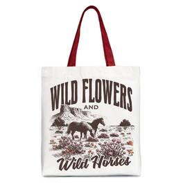 OrnamentallyYou - Wild Flowers and Wild Horses Canvas Tote Bag, Retro Western Gift for Free-Spirited Women - White Red