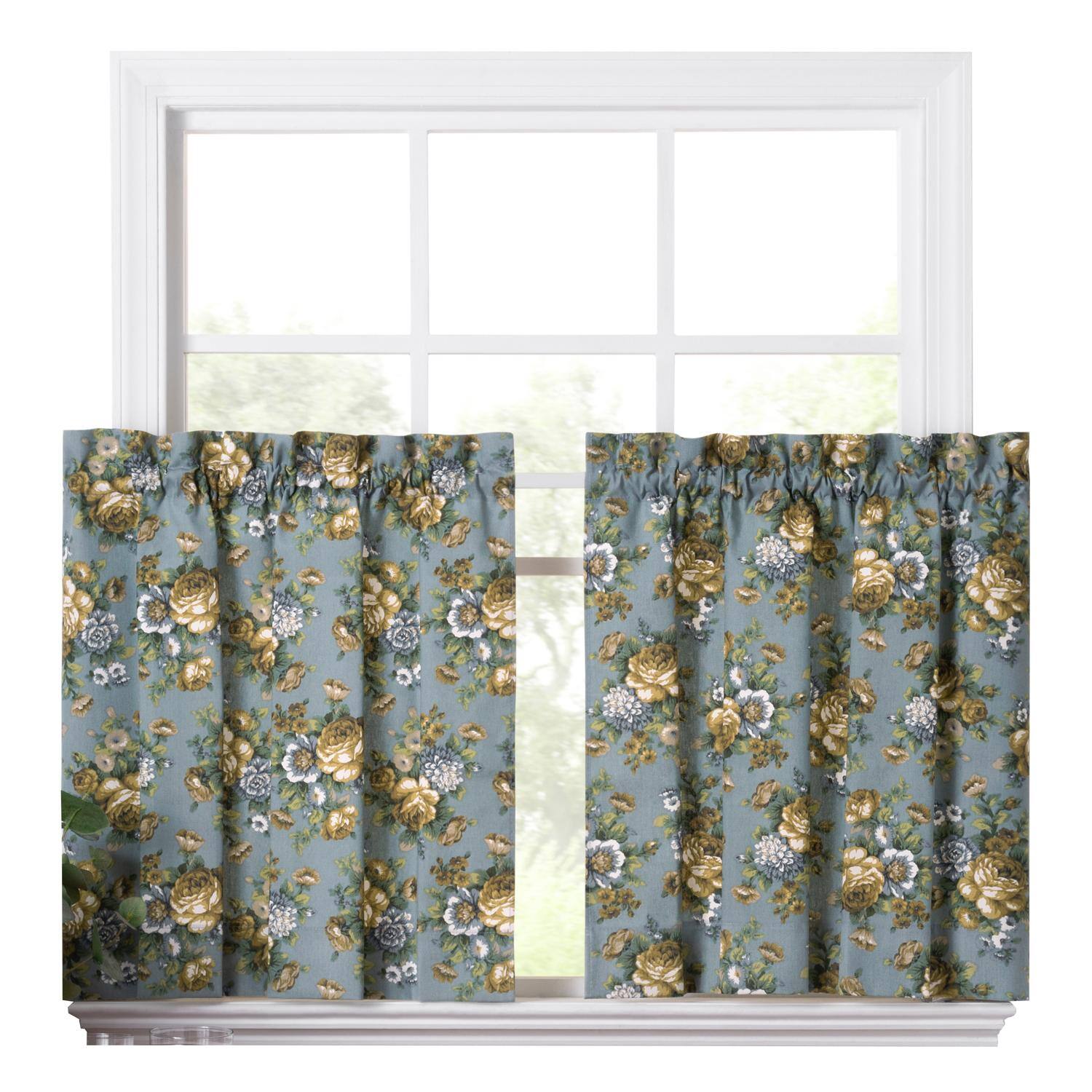 Front. Ellis Curtain - Ellis Bella Rose Stylish Medium Scale Printed Floral Pattern 1.5" Rod Pocket Tier for Windows 56"x24" Wedge - Wedge.