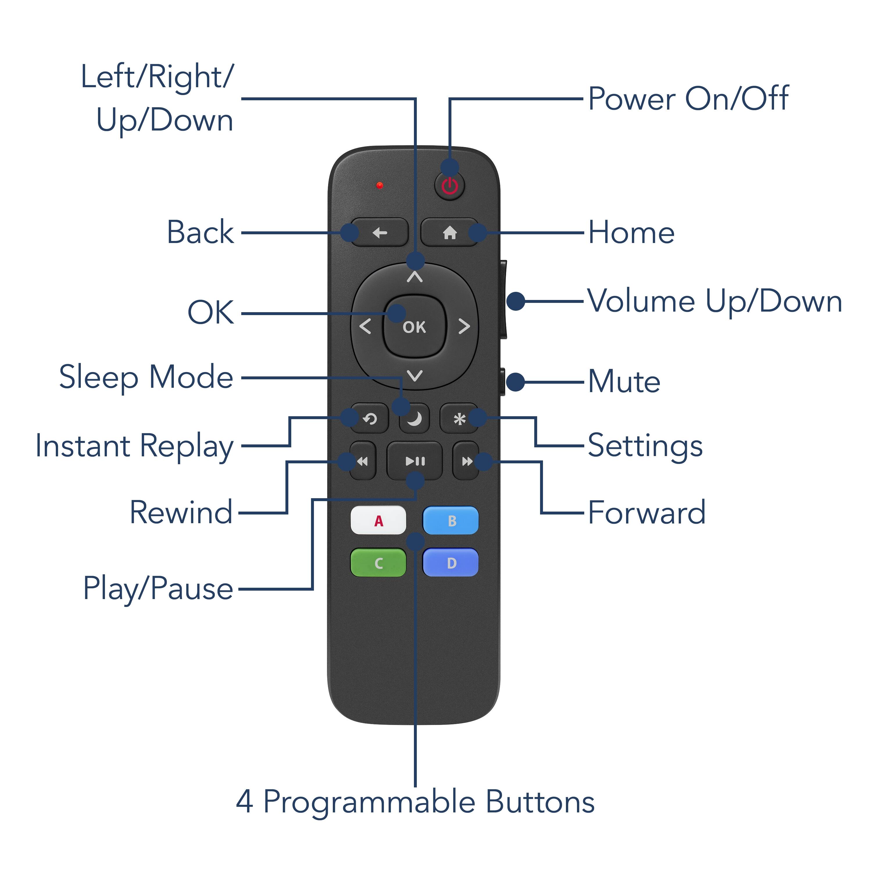 Left/Right/Up/Down, Power On/Off, Back, Home, OK, Volume Up/Down, Sleep Mode, Mute, Instant Replay, Settings, Rewind, Play/Pause, Forward, 4 Programmable Buttons