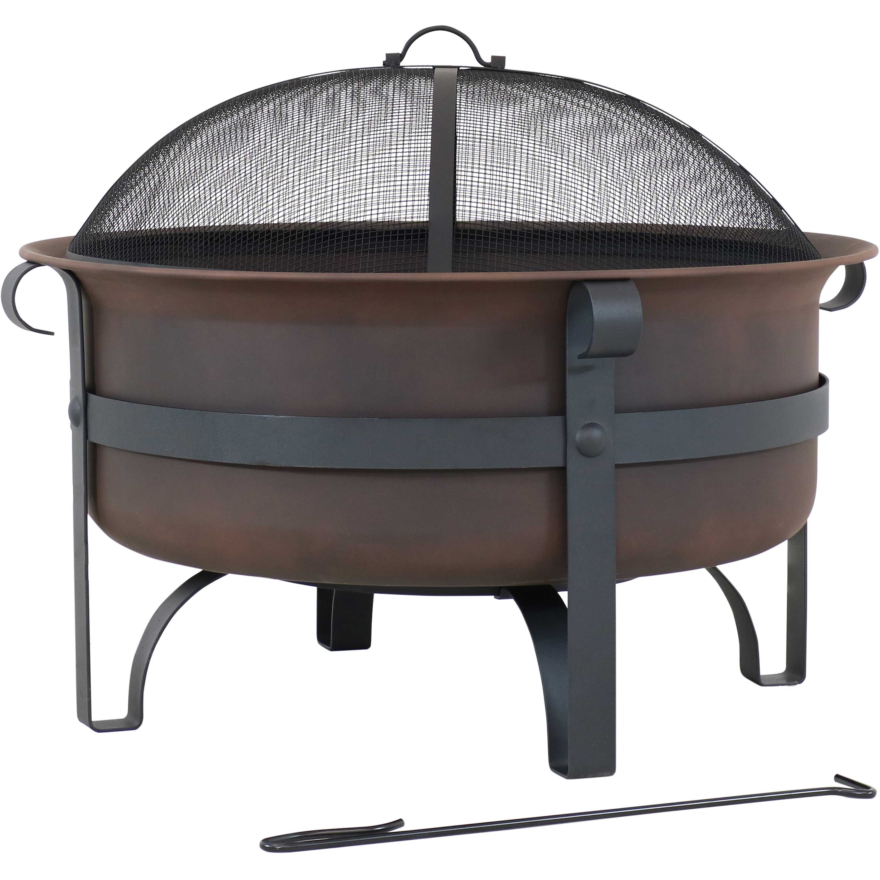 Front. Sunnydaze - 29 in Cauldron Style Steel Fire Pit with Spark Screen - Bronze.