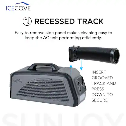 ICECOVE RECESSED TRACK
Easy to remove side panel makes cleaning easy to keep the AC unit performing efficiently.
ICECOVE INSERT GROOVED TRACK AND PRESS DOWN TO SECURE