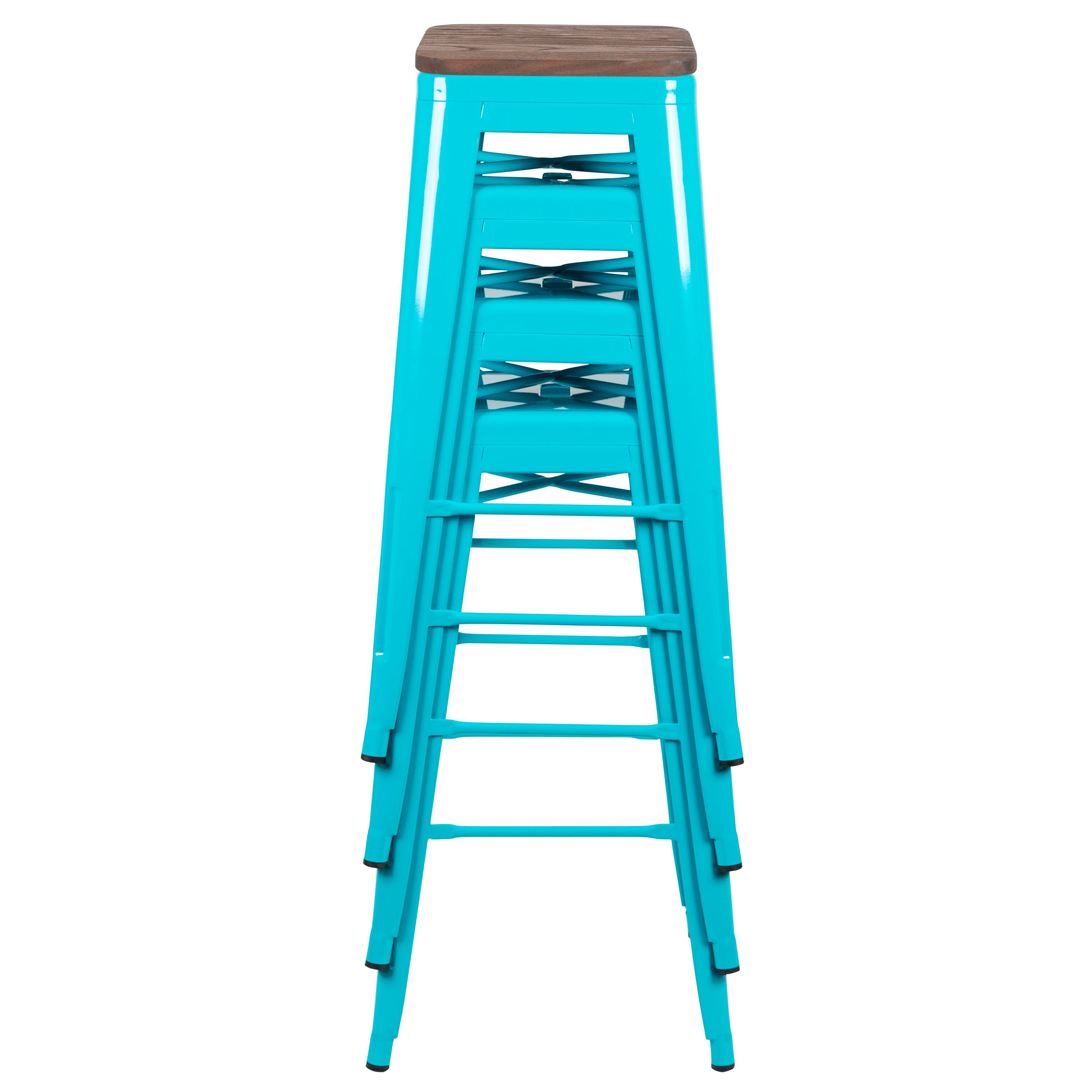 Alt View 10. Emma + Oliver - 30" High Metal Indoor Bar Stool with Wood Seat - Stackable Set of 4 - Teal.