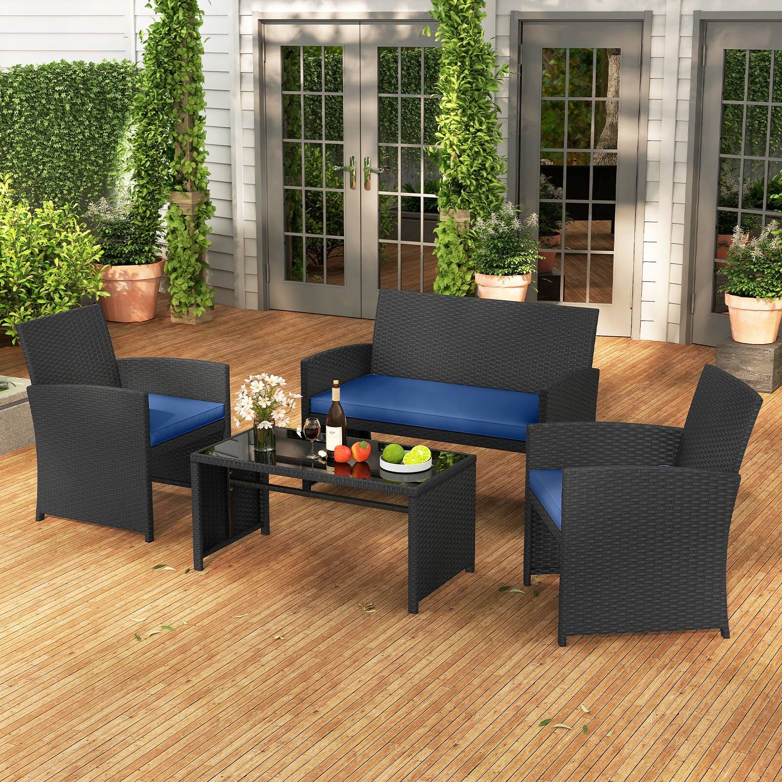 Alt View 3. Gymax - Gymax Set of 4 Patio Conversation Set w/Seat Cushions & Tempered Glass Tabletop Porch Outdoor - Navy.
