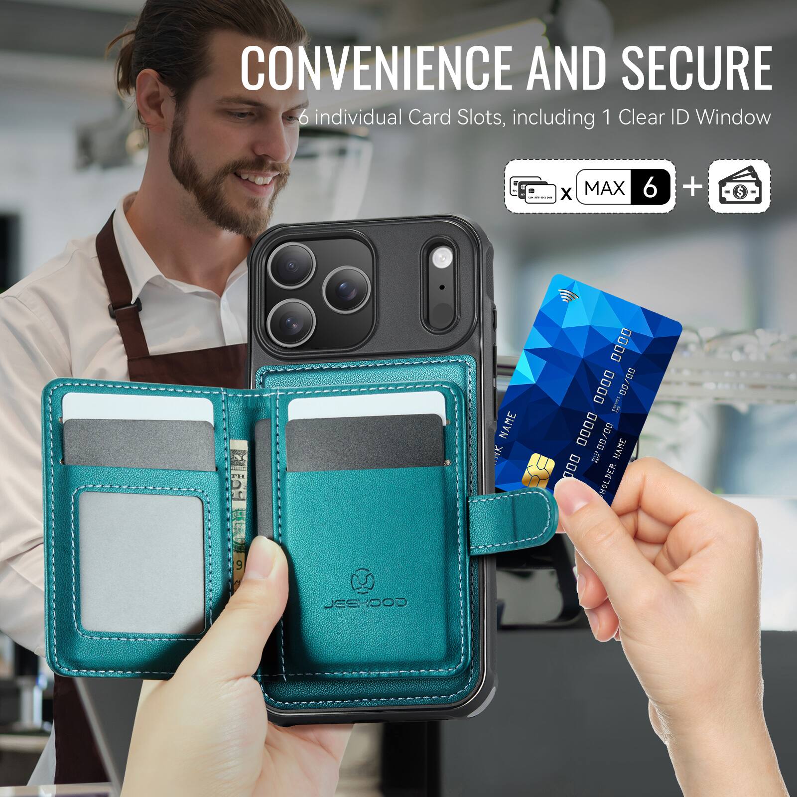 CONVENIENCE AND SECURE  
6 individual Card Slots, including 1 Clear ID Window  
X MAX 6 +  
TH EDI ESEN 9  
NAME  
0000 0000 ......... 00/00 0000 1 00/00 NAME ... HOLDER DER  
JEEHOOD
