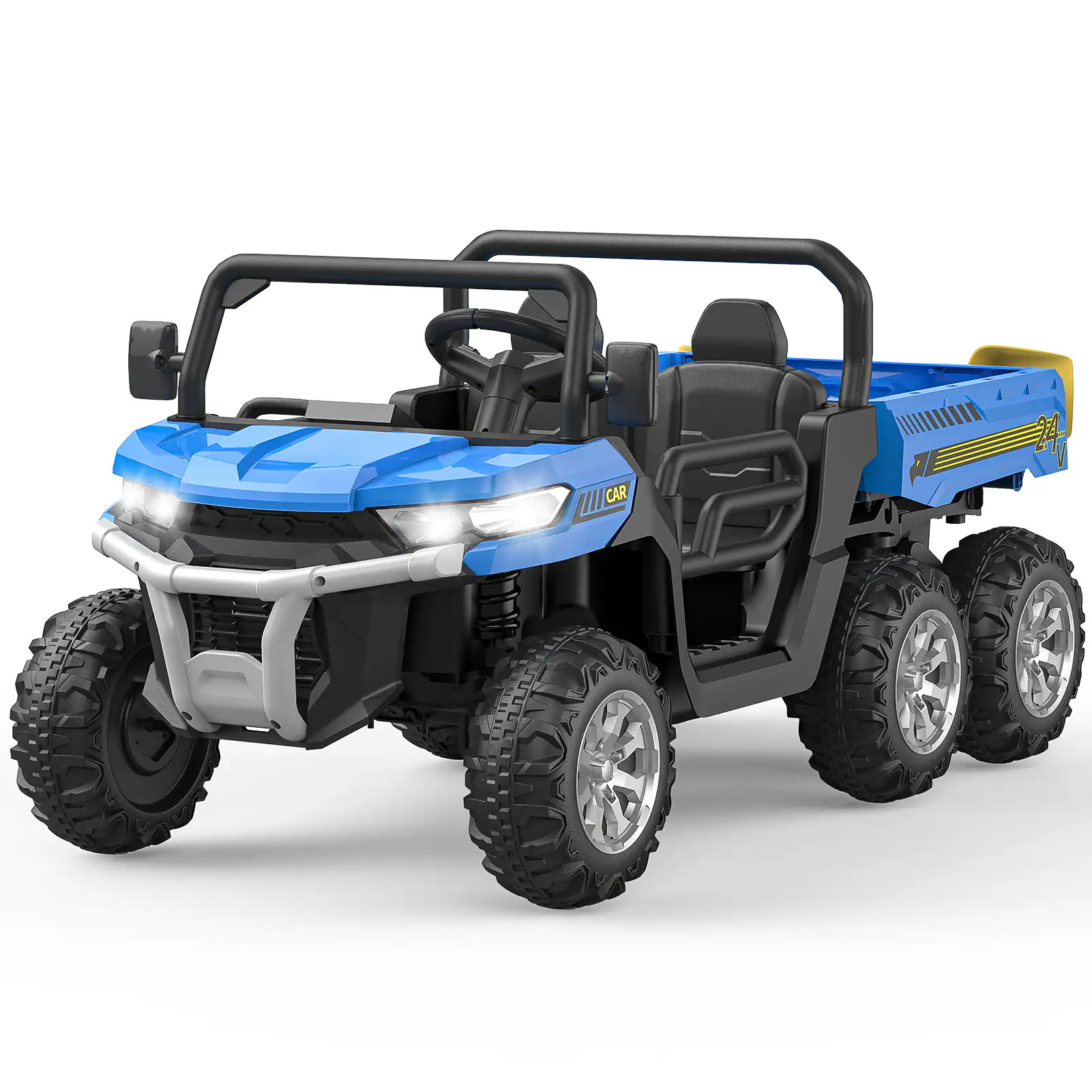 Jojoka - 24V Kids Electric Tractor, 6-Wheel Ride On Car with Tipping Bucket, Remote Control, LED Lights, Music - Blue