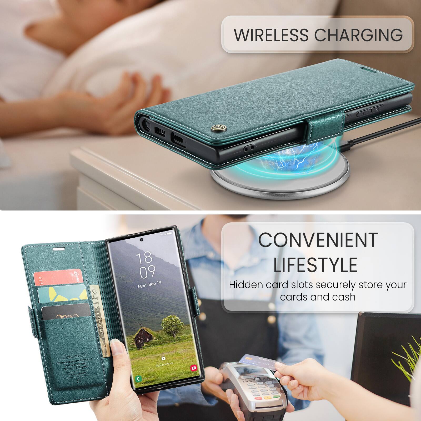 WIRELESS CHARGING

CONVENIENT LIFESTYLE
Hidden card slots securely store your cards and cash