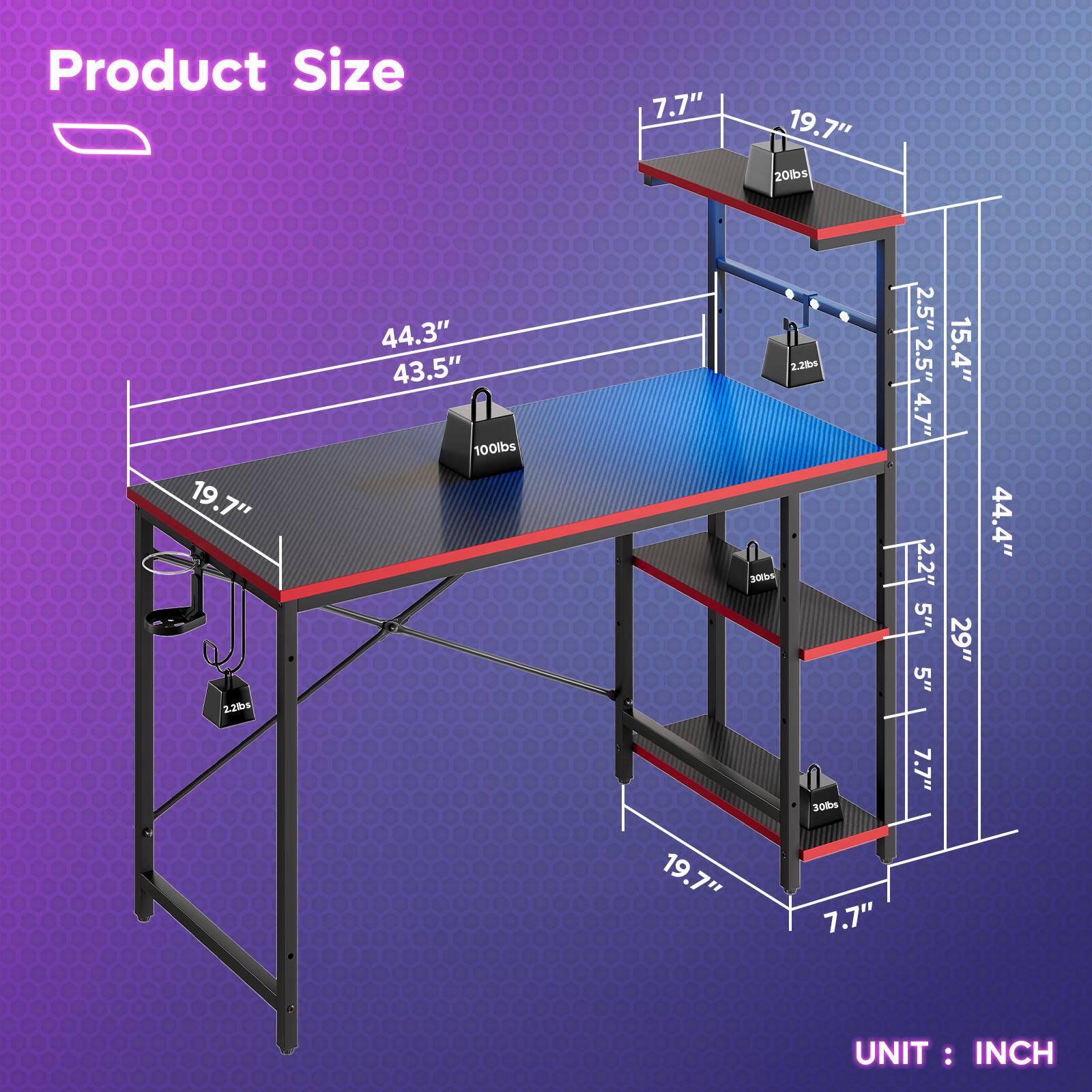 Product Size 7.7" 19.7" 201bs 19.7" 2z78 44.3" 43.5" 100lbs 2.2m 300s 2.5" 2.5" 4.7" 2.2" 5" 5" 15.4" 29" 44.4" 19.7" 300m 7.7" 7.7" UNIT: INCH