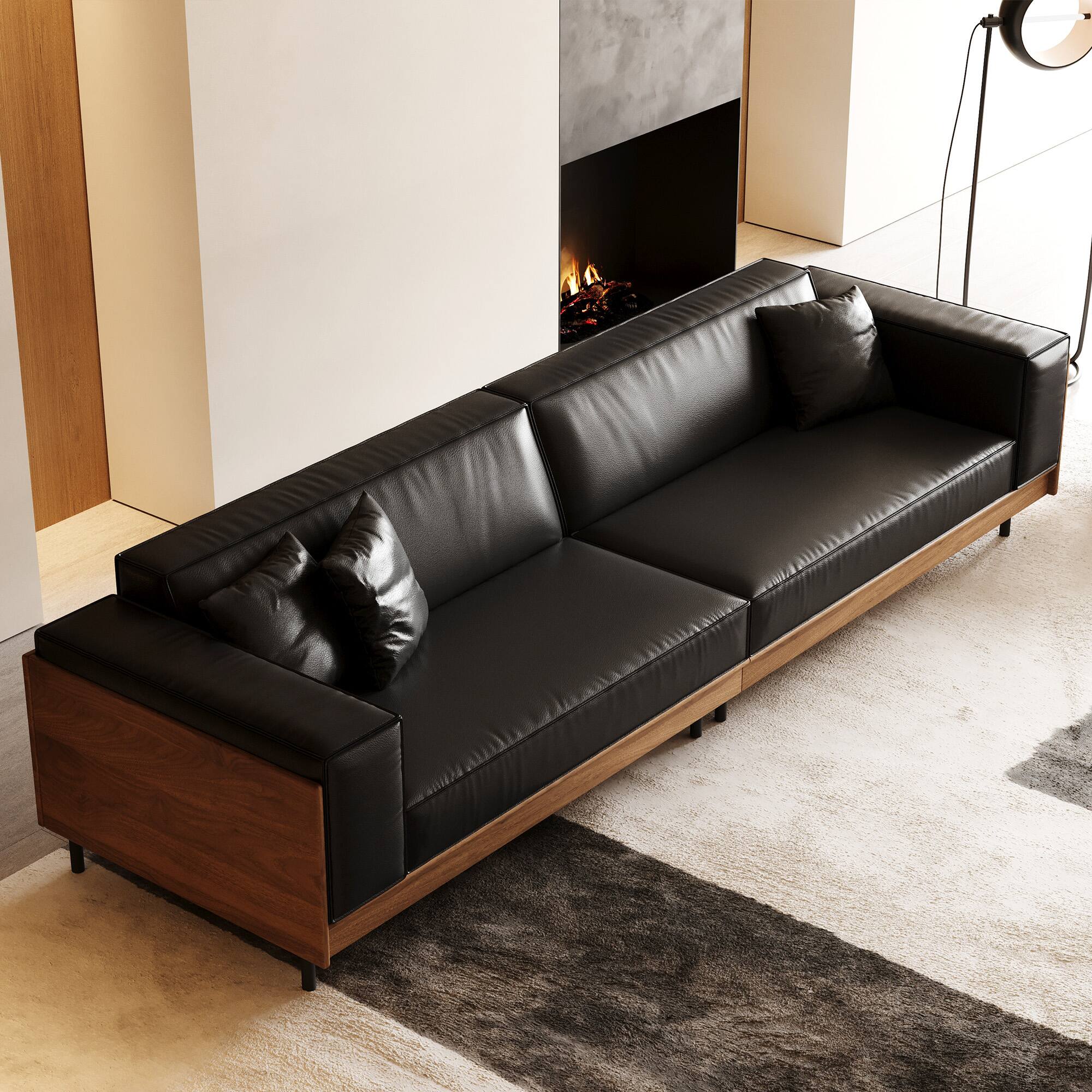 Angle. luck idea - 106.3" Modern Leather Sofa Couch with Solid Wood Frame, Metal Legs and 3 Accent Pillows - Black.