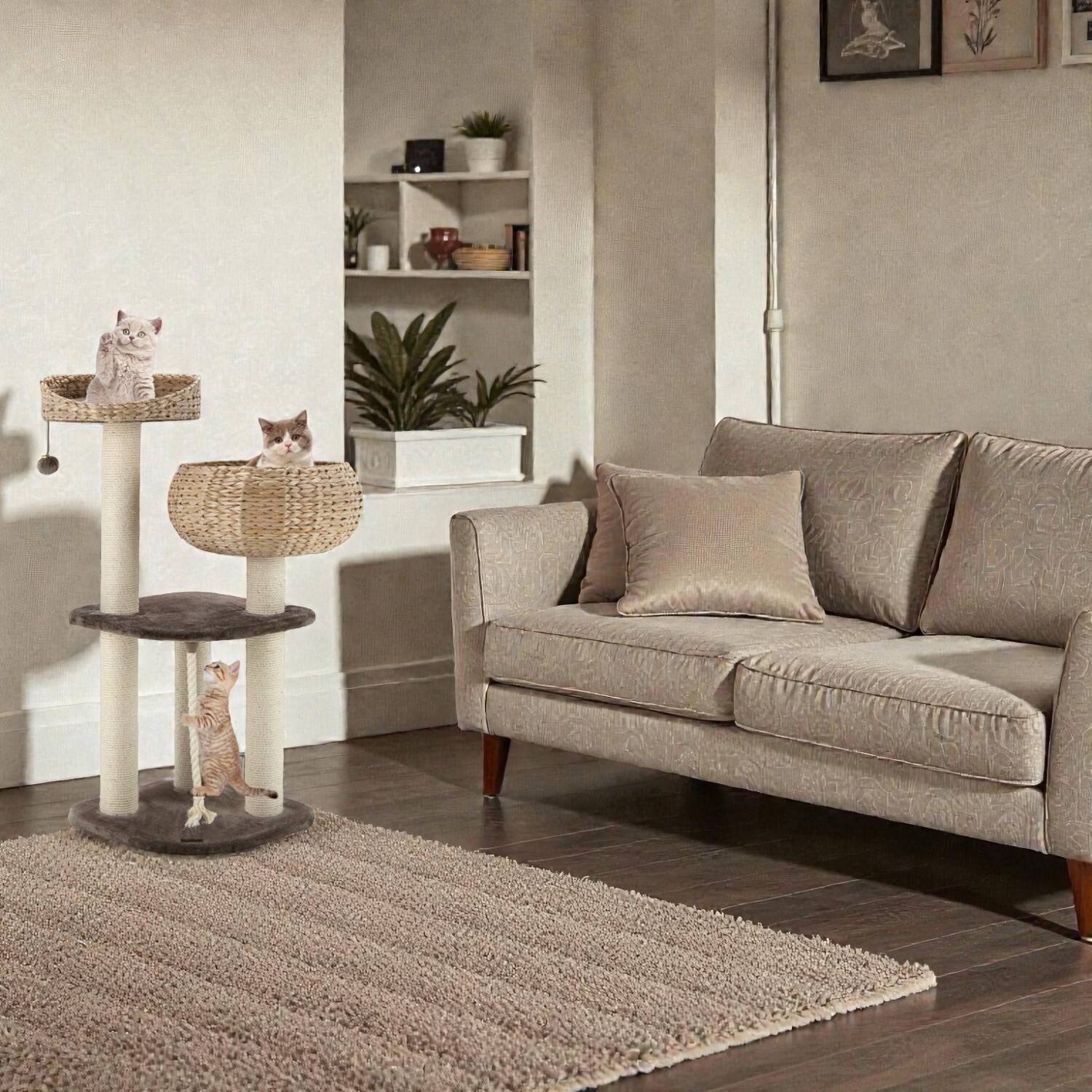 Front. BreeBe - 41-Inch Feline Activity Tower with Rattan Construction and Sleep Platform - Brown.