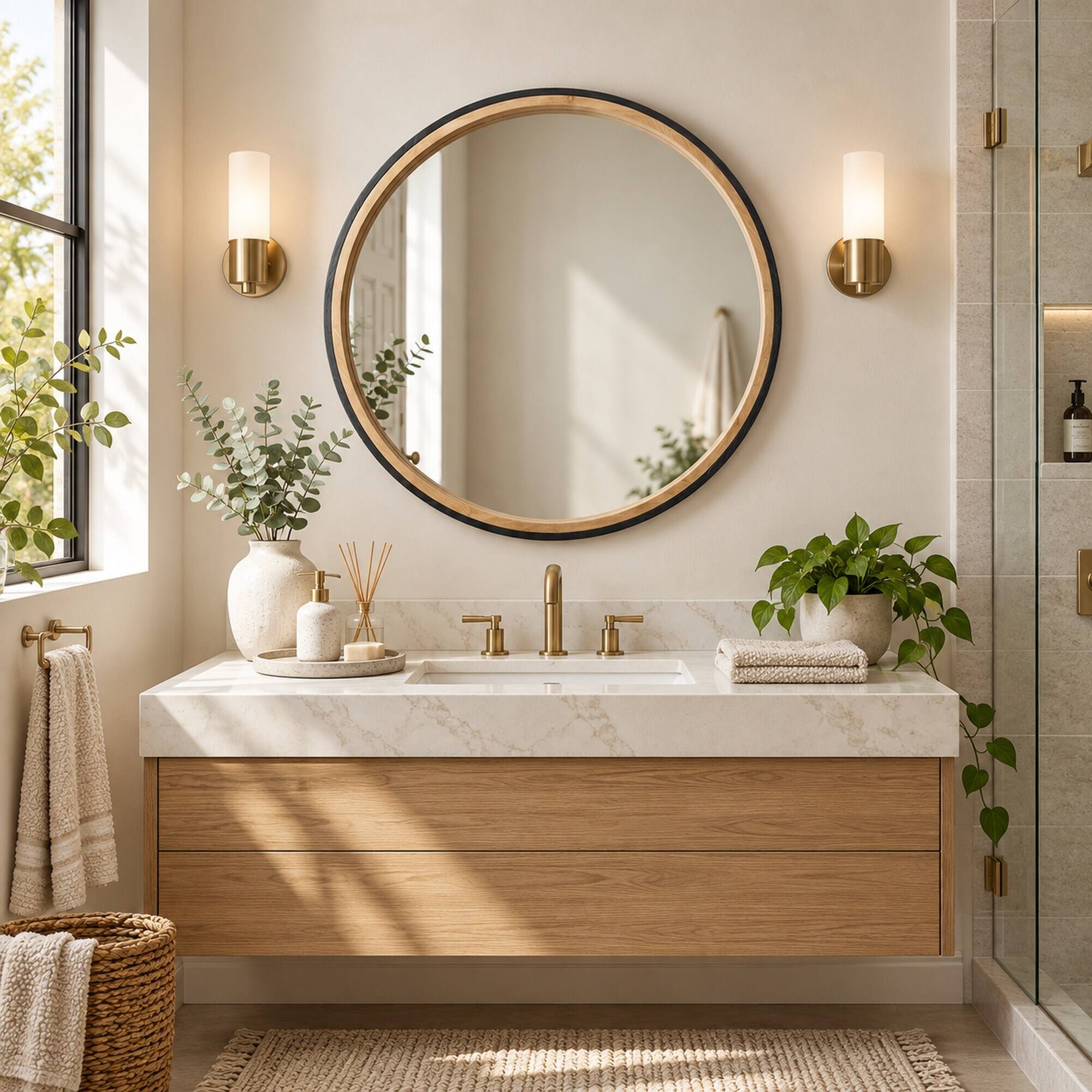 RYHNUYNE 31.3 in Round Wall Mirror, Two Tone Matte Black and Natural ...