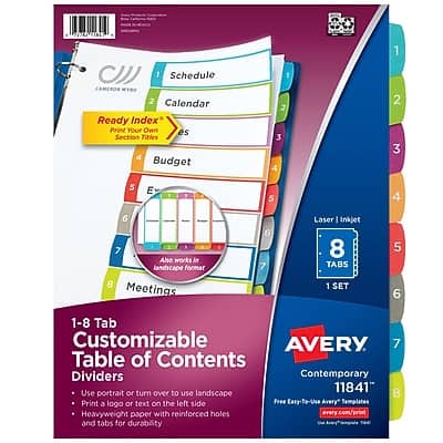 Sure, here is the corrected and grouped text:

---

**Avery 11841 - 1-8 Tab Customizable Table of Contents Dividers**

- **1 SET**
- **8 TABS**

**Features:**
- Use portrait or turn over to use landscape
- Print a logo or text on the left side
- Heavyweight paper with reinforced holes and tabs for durability

**Sections:**
1. Schedule
2. Calendar
3. Budget
4. Meetings
5. Ready Index - Print Your Own Section Titles
6. Aho works in landscape format
7. Laser Inkjet
8. Table of Contents

**Additional Information:**
- Free Easy-To-Use Avery Templates
- Contemporary design
- Use portrait or turn over to use landscape
- Print a logo or text on the left side

**Product Details:**
- 11841
- Contemporary
- 1 SET

---

This text is organized to reflect the information provided in the image.