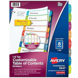 Avery - Ready Index Table of Contents Paper Dividers, 1-8 Tabs, Contemporary - Multicolor