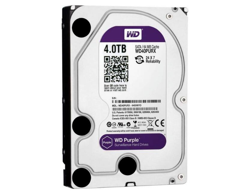WD SATA 64 MB Cache 4.0TB WD40PURX  
24 x 7 Reliability Scan  
OR code here to learn about your hard drive or visit wd.com  
S/N: MOL WO40PURX 64GVNYO  
U.S. Patents: 178066, 5956196, 6289484, 6263450  
Do not cover any drive holes  
Canada ICES-003 Class B/NMB-003 Classe B  
KCC-REM 20 LR I WDT-1945 1  
FRAGILE  
Product warranty will be void if seal, label or cover is removed or damaged  

WD Purple Surveillance Hard Drives