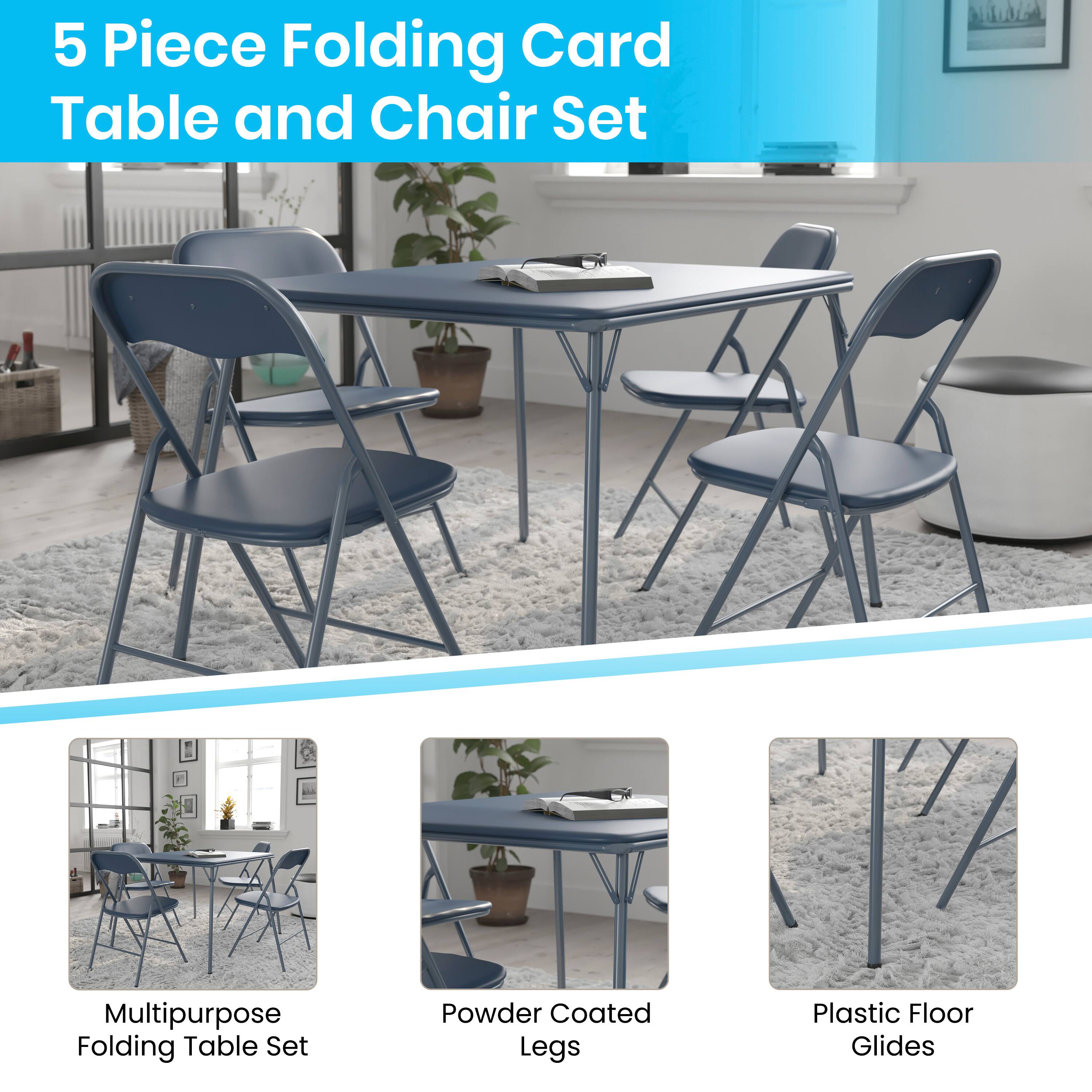 5 Piece Folding Card Table and Chair Set

- Multipurpose Folding Table Set
- Powder Coated Legs
- Plastic Floor Glides