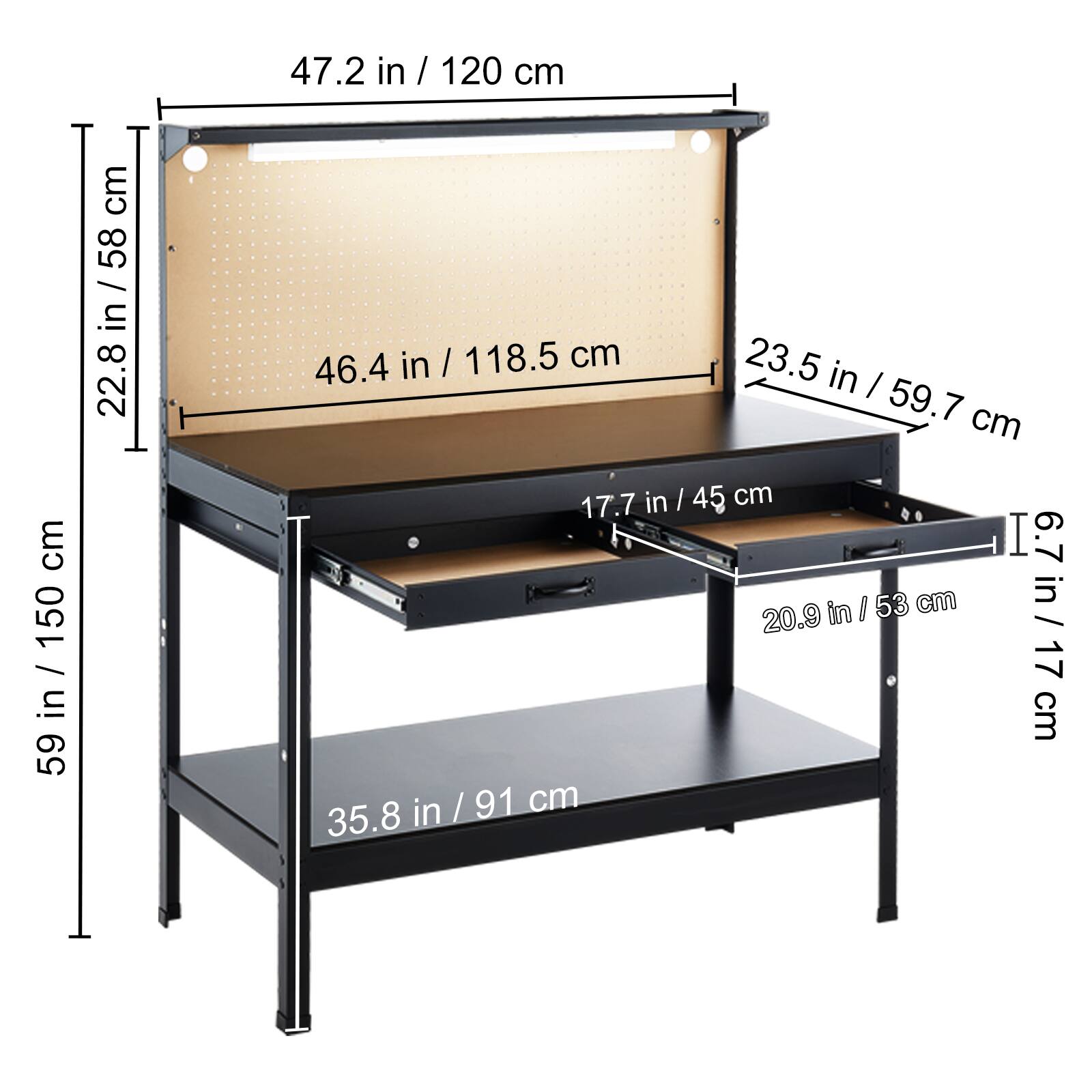 47.2 in / 120 cm, 22.8 in / 58 cm, 46.4 in / 118.5 cm, 23.5 in / 59.7 cm, 17.7 in / 45 cm, 20.9 in / 53 cm, 6.7 in / 17 cm, 35.8 in / 91 cm, 59 in / 150 cm.