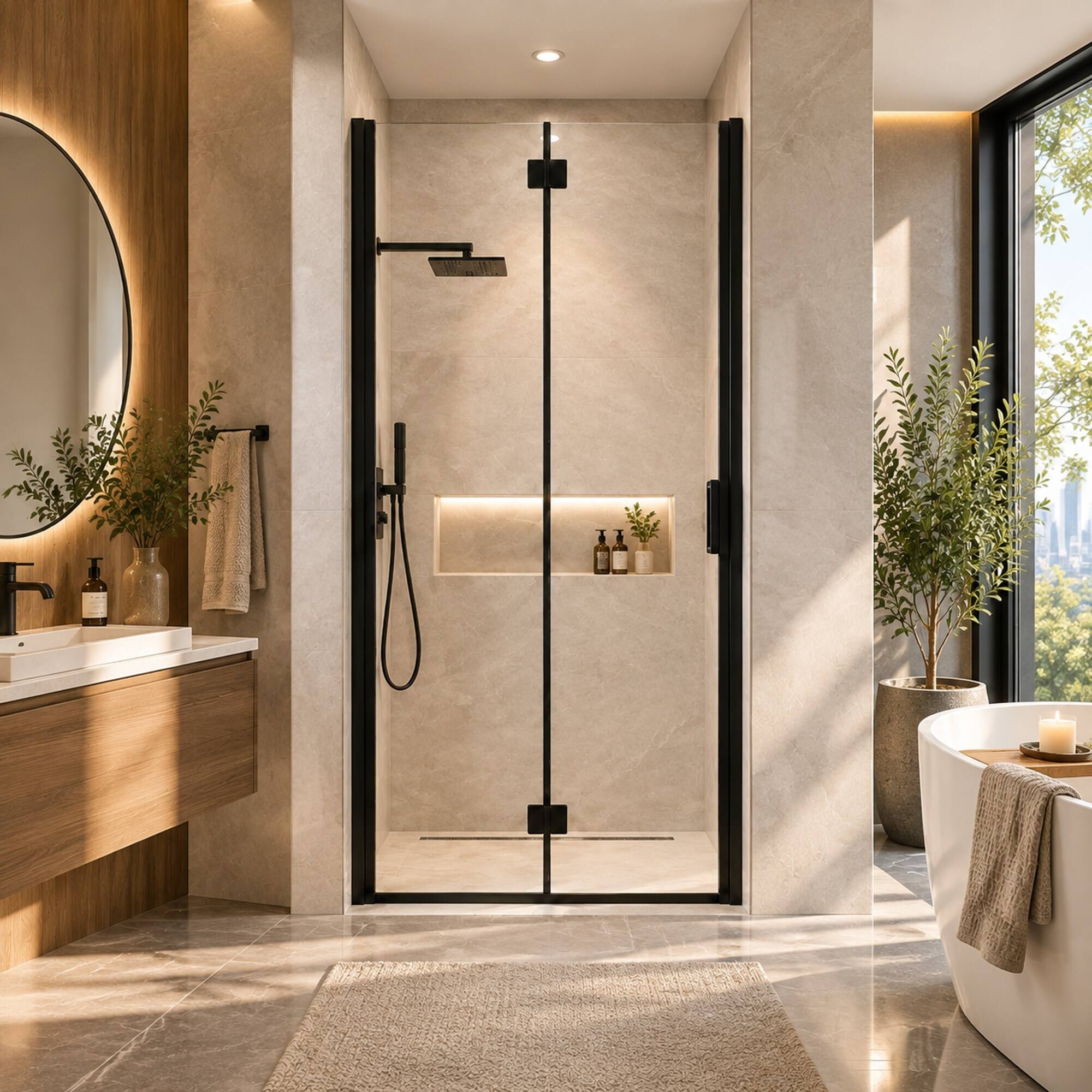 Alt View 3. RYHNUYNE - 32-33.2 In W X 72 In H Semi-Frameless Folding Pivot Shower Door, 1/4 In Clear Tempered Glass Matte Black Finish - Matte Black.