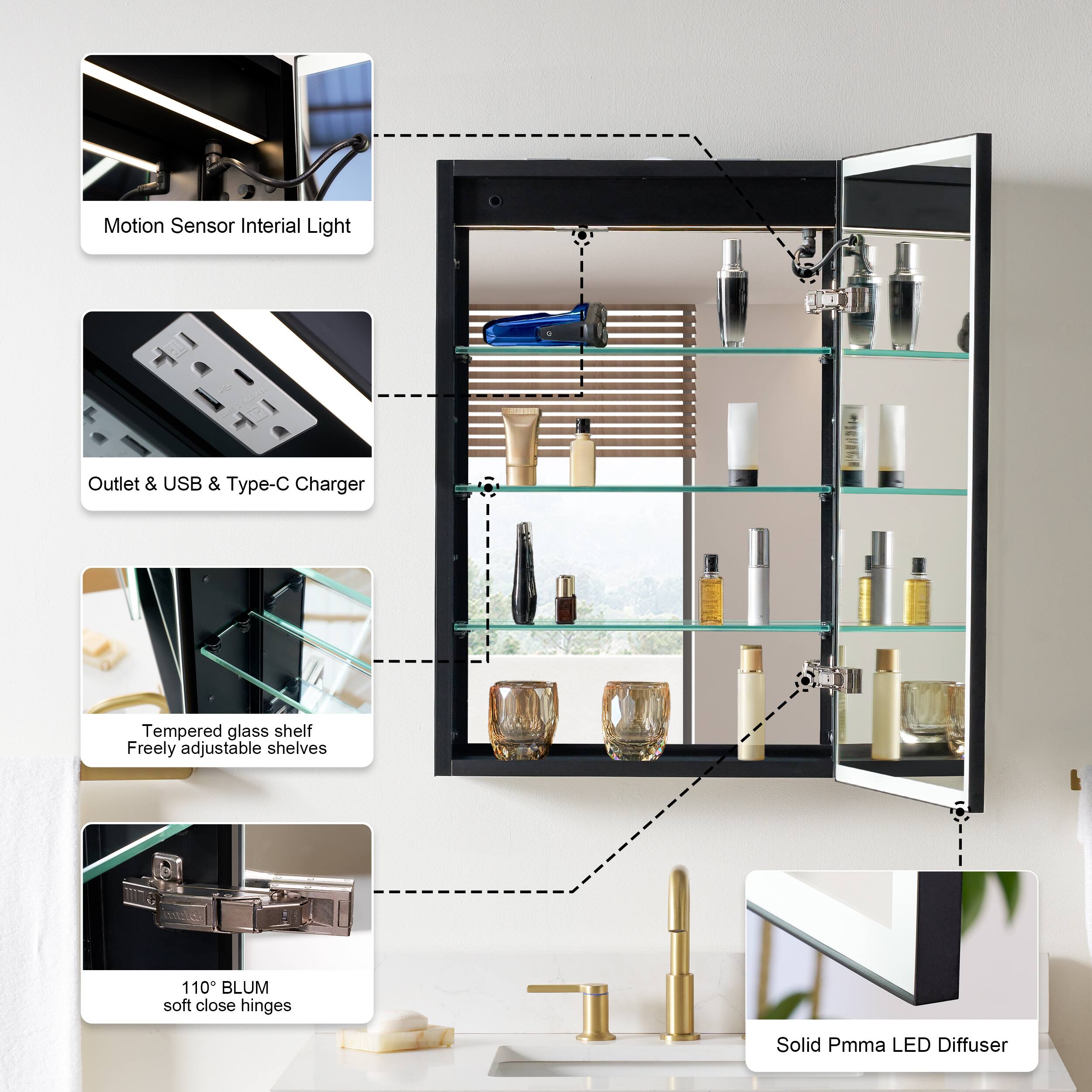 Motion Sensor Inertial Light  
Outlet & USB & Type-C Charger  
Tempered glass shelf  
Freely adjustable shelves  
110° BLUM soft close hinges  
Solid PMMA LED Diffuser