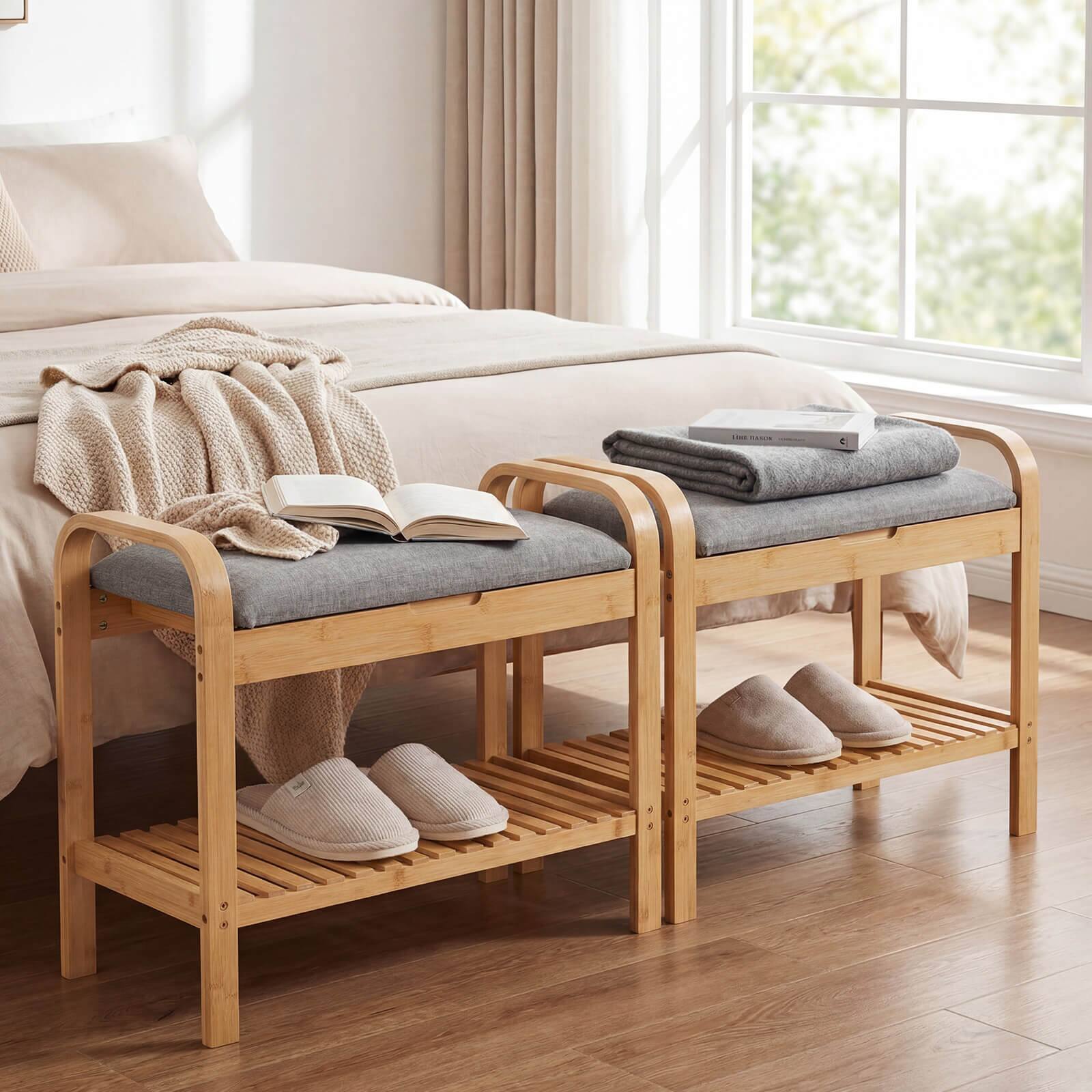 Alt View 3. Costway - Shoe Rack Bench Bamboo W/Cushioned Seat&Storage Shelf Padded Seat Shoe Bench - Natural and Grey.