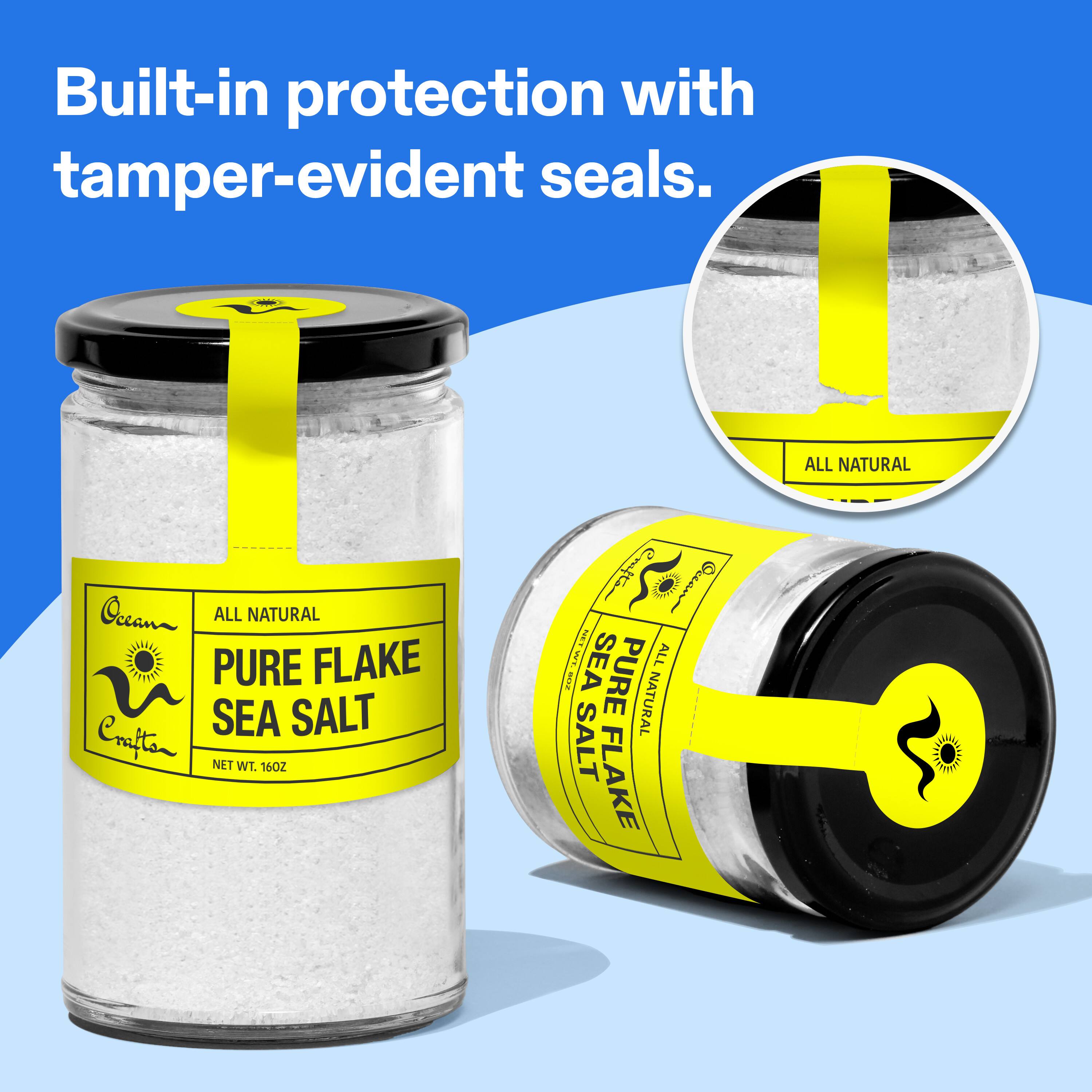 Built-in protection with tamper-evident seals. - ALL NATURAL Oceana ALL NATURAL PURE FLAKE SEA SALT Crafton NET WT. 16 OZ