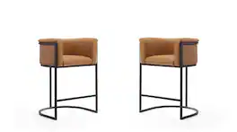 Manhattan Comfort - Cosmopolitan Mid-Century Modern Metal Upholstered Counter Stool - Set of 2 - Camel