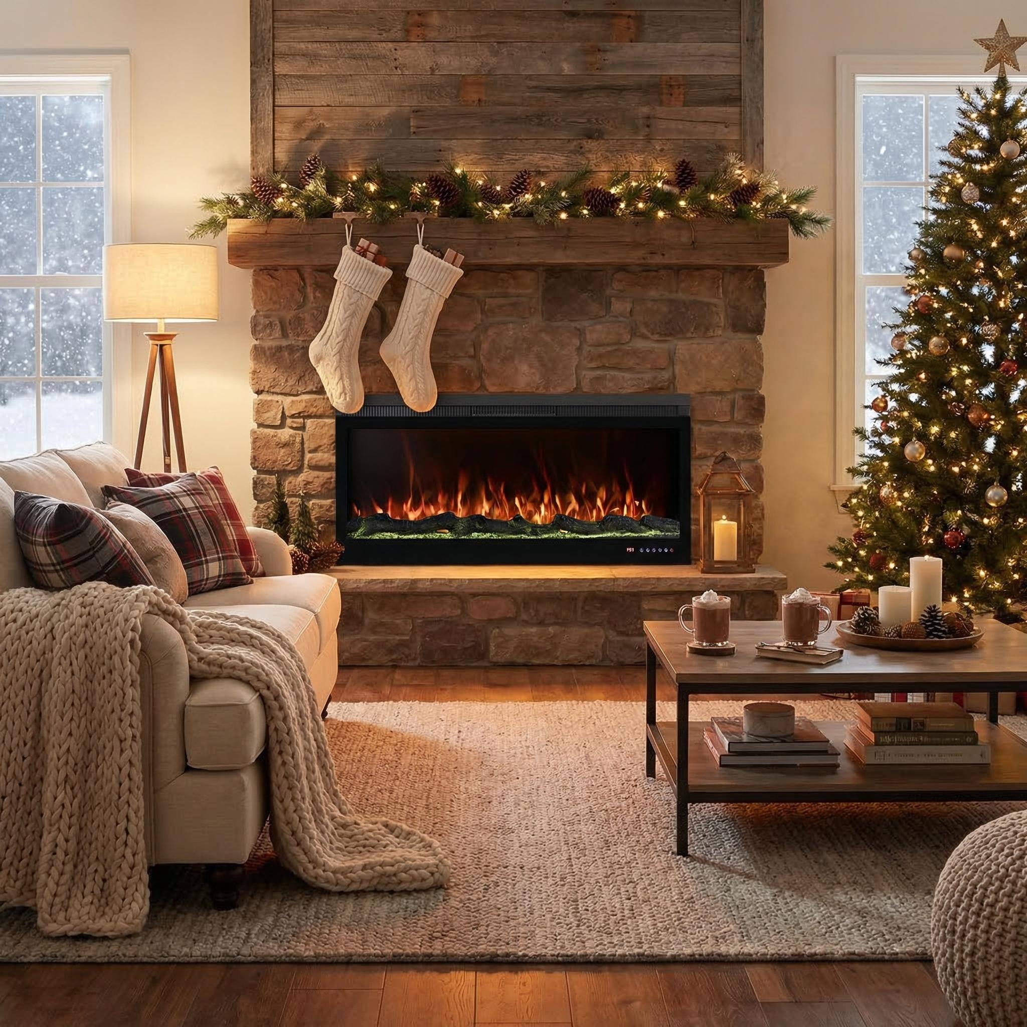 Angle. Mondawe - 42" Linear Recessed-in Electric Fireplace with Remote Control, Adjustable Heat & Timer - Black.