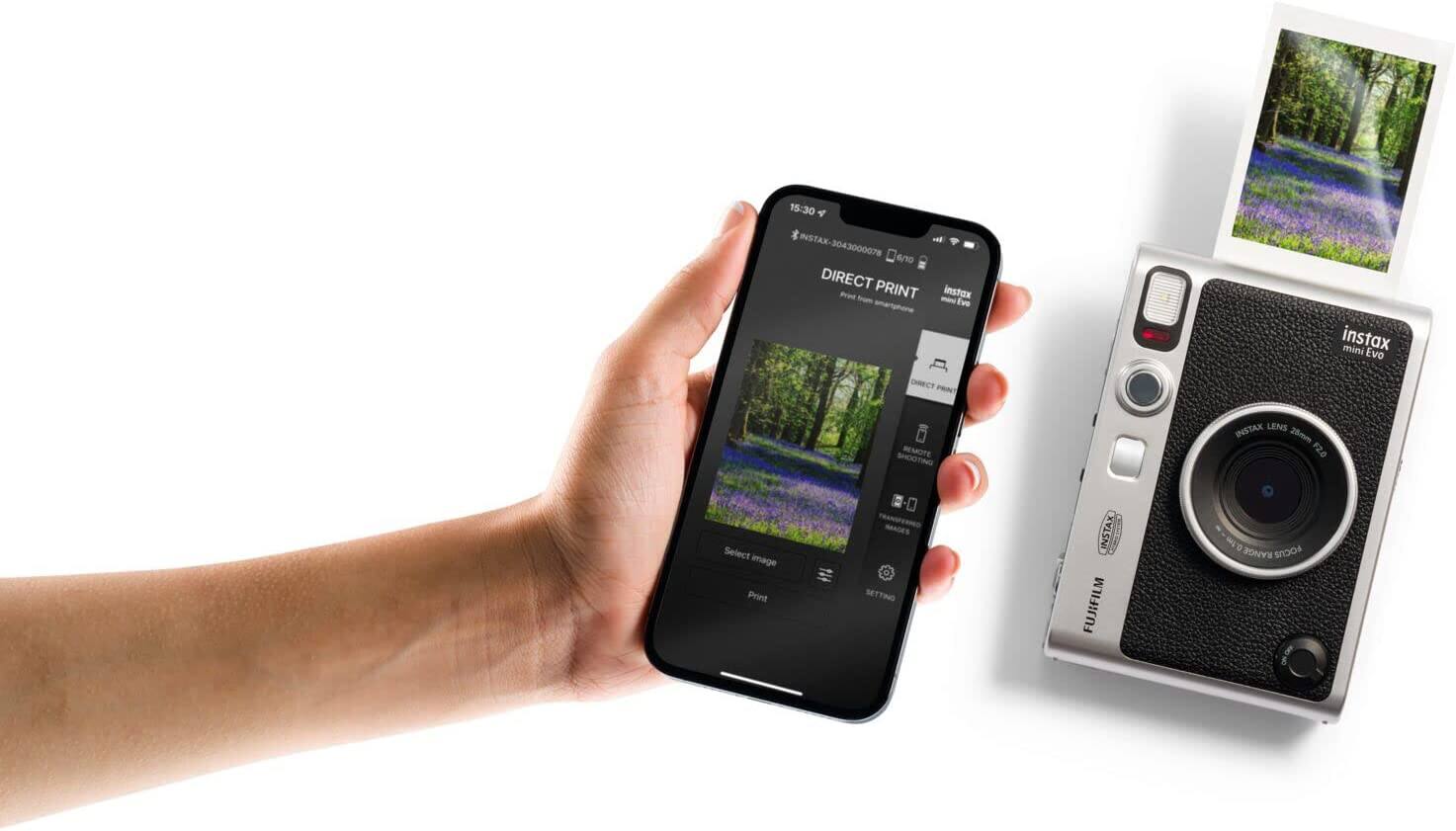 15:30  
4 INSTAX-3043000078  
ona DIRECT PRINT  
instax Eve  
instax mini Evo  
DHCT NOTE SHOOTING  
INSTAX LENS 28mm F2.0  
Select image  
Print  
MNGES SETTING  
INSTAX FUJIFILM  
RANGE FOCUS