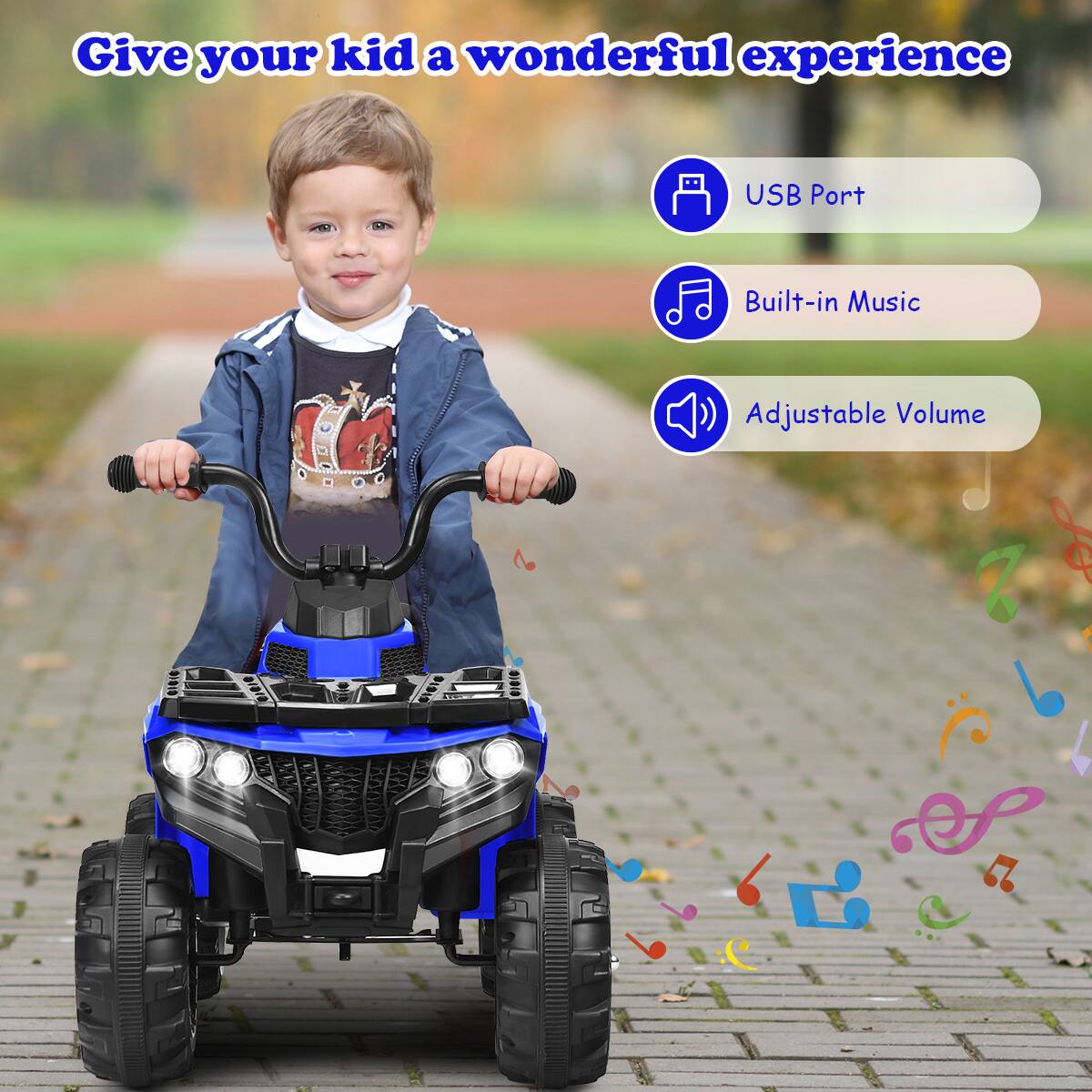 Give your kid a wonderful experience

- USB Port
- Built-in Music
- Adjustable Volume