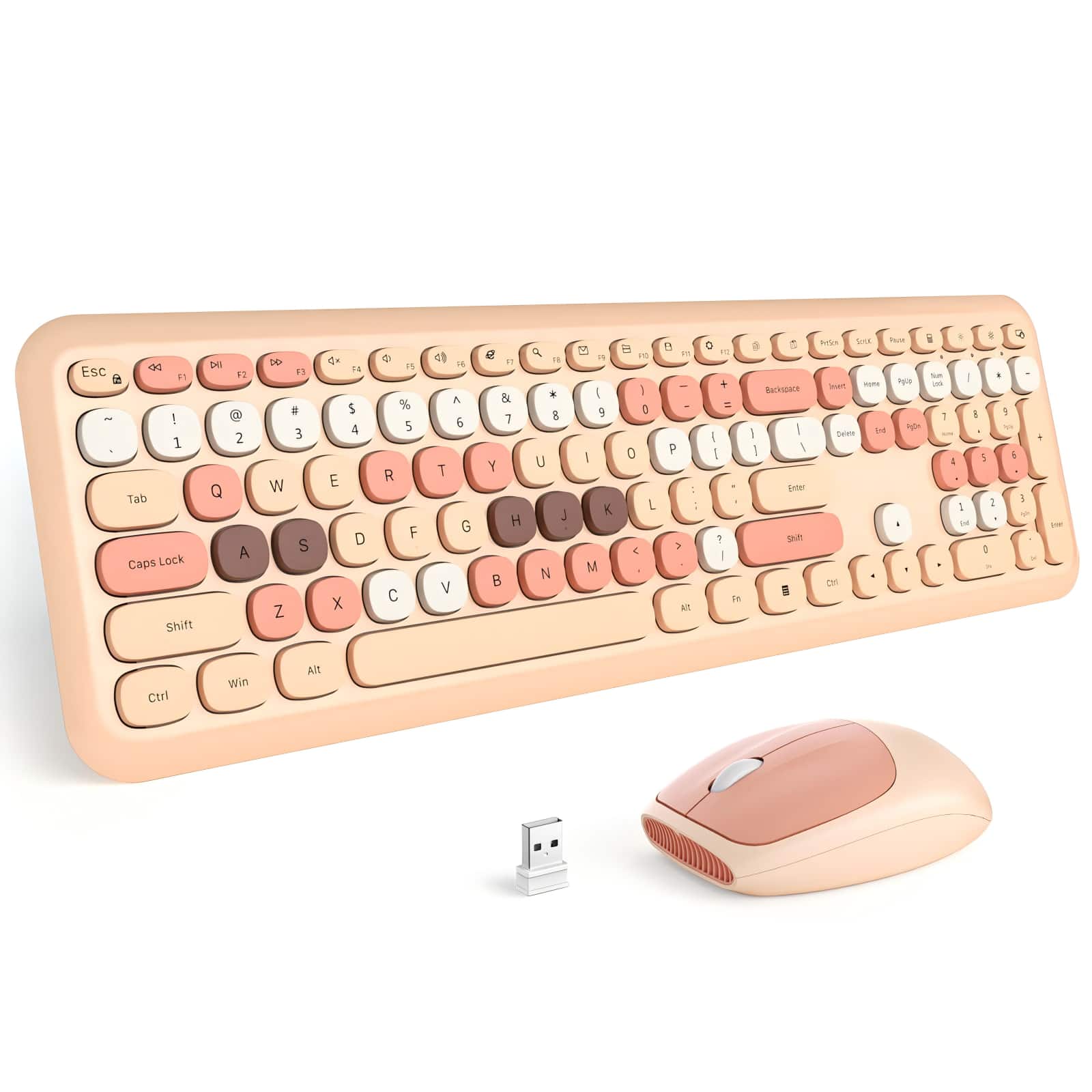 PRIMEPLUS - Keyboard Mouse Combo Wireless 2.4G Mixed Color 110 Key Keyboard Mouse Set with Round Punk Keycaps - Beige