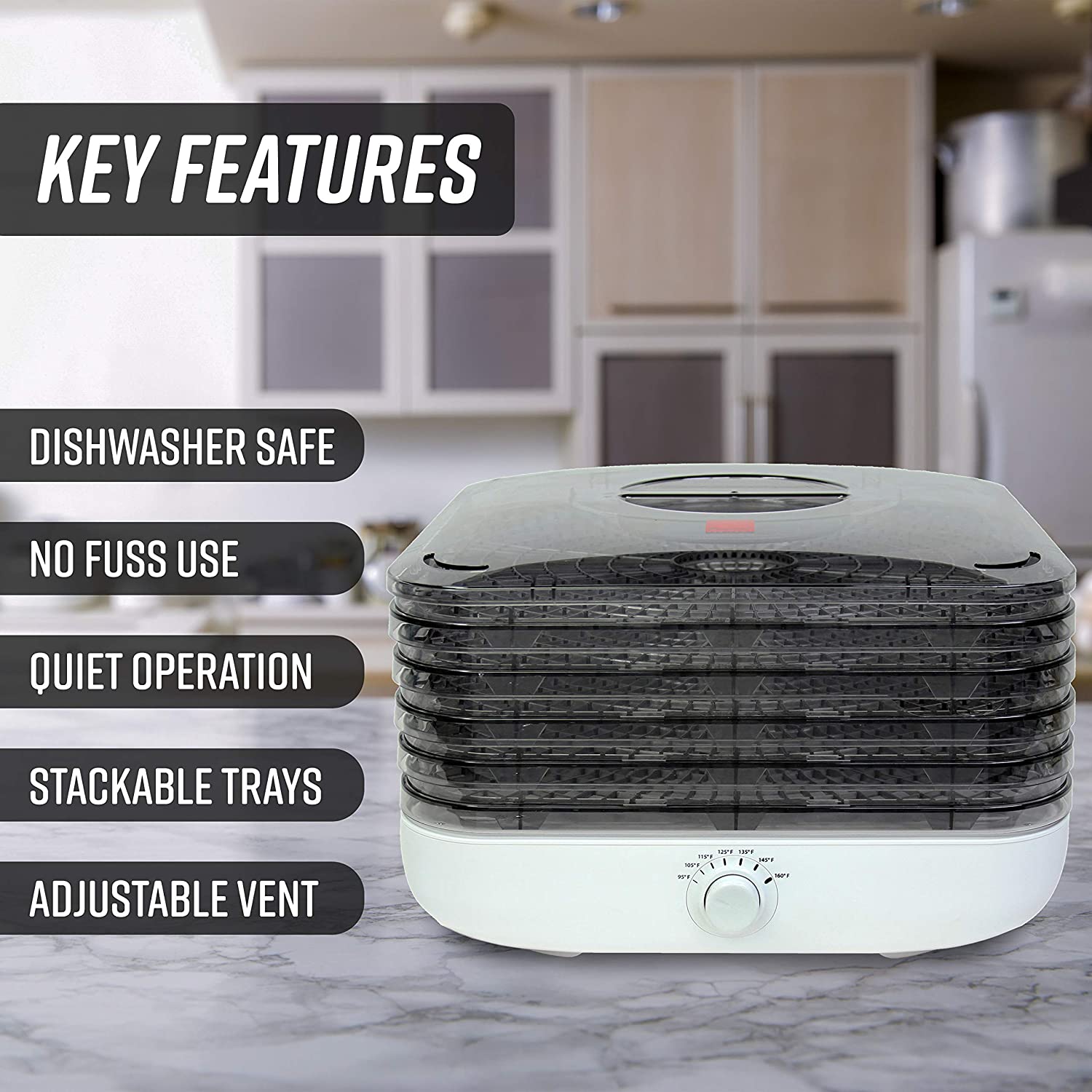 Key Features:
- Dishwasher Safe
- No Fuss Use
- Quiet Operation
- Stackable Trays
- Adjustable Vent