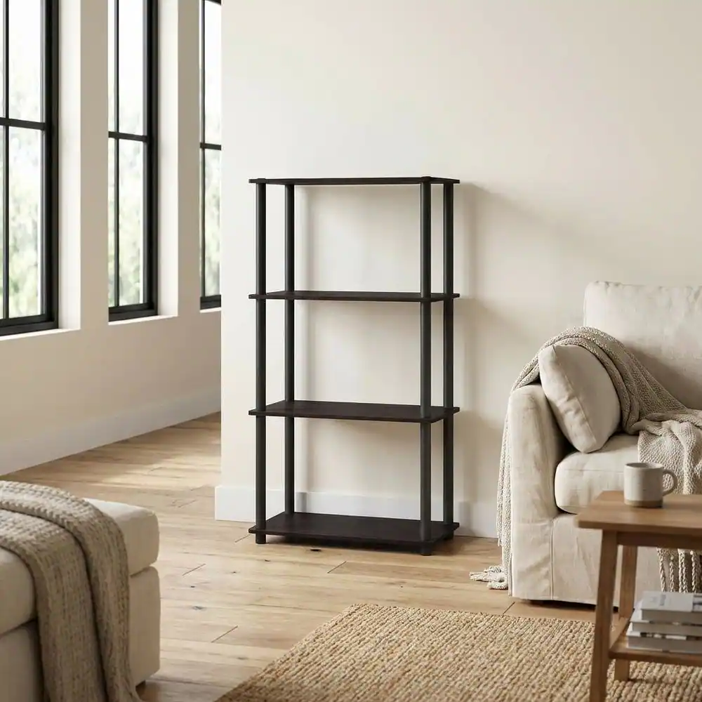 Left. FurniFact - Wooden Bookcase with Open Shelving for Spacious Storage - Dark Walnut.