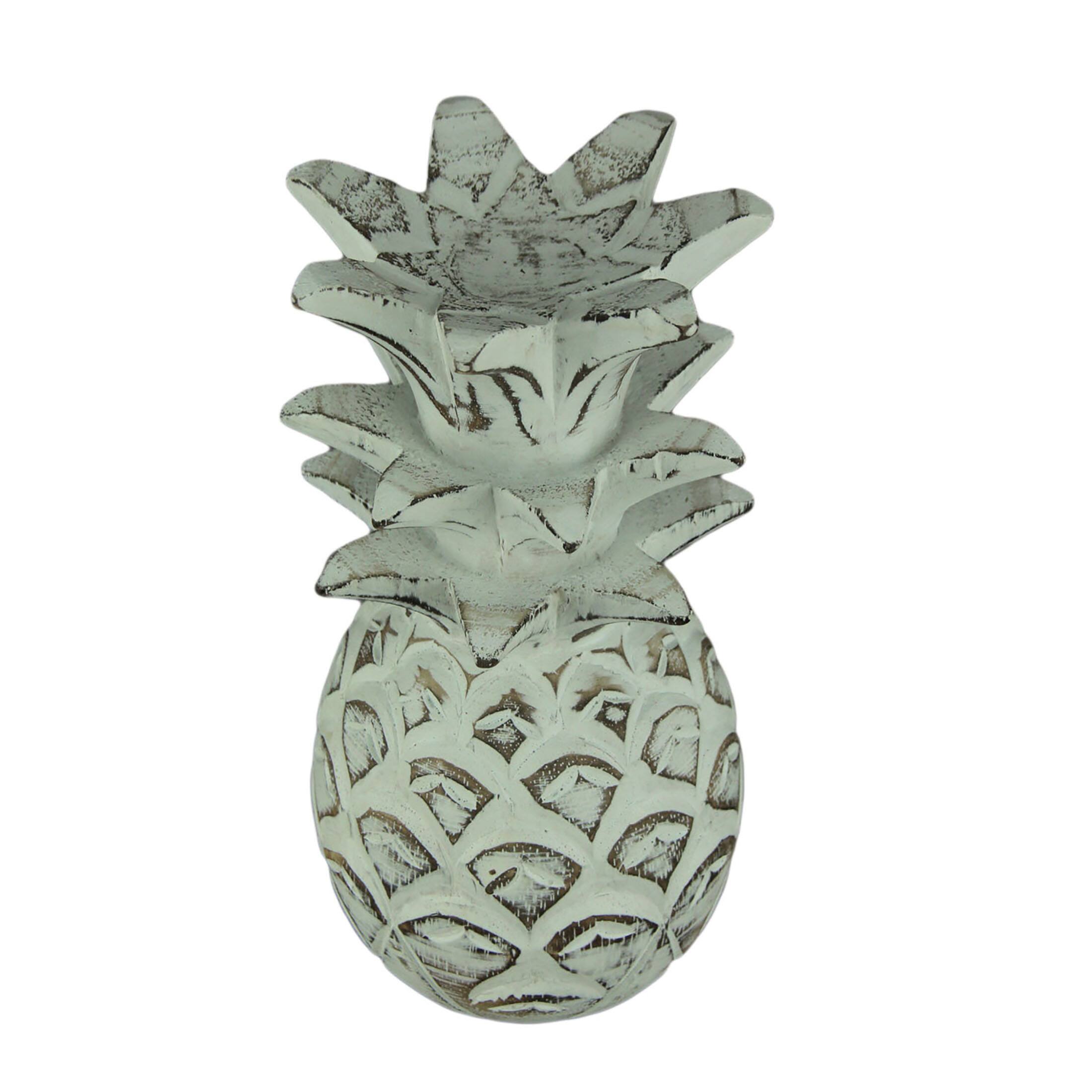 Front. Chesapeake Bay - Distressed White Carved Wood Tropical Pineapple Decor Statue - White.